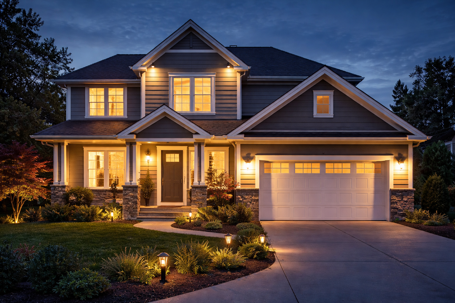 Beautiful home at night with warm interior lighting and landscape lighting showcasing residential electrical work