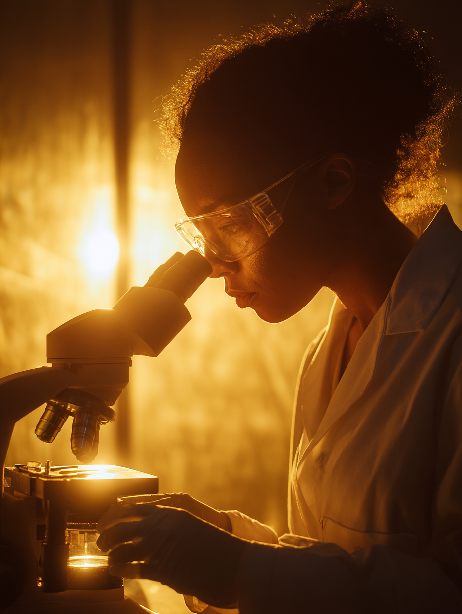 A scientist looking through a microscope in a laboratory with warm backlighting.