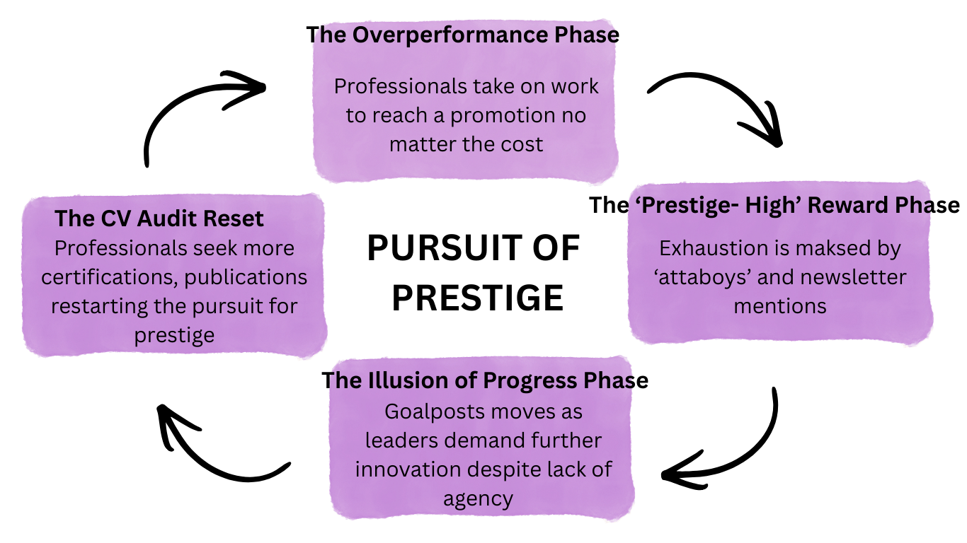 Flowchart illustrating different phases of professional progression, including the Overperformance Phase, Prestige-High Reward Phase, The CV Audit Reset, and The Illusion of Progress Phase, with descriptions of each phase.