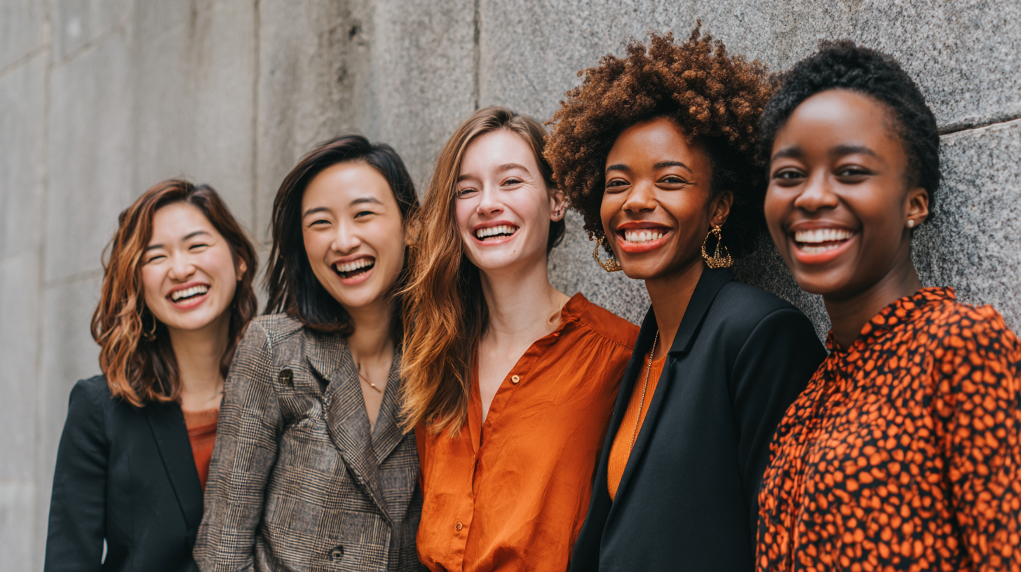 Five diverse women standing close together and smiling outdoors near a concrete wall.