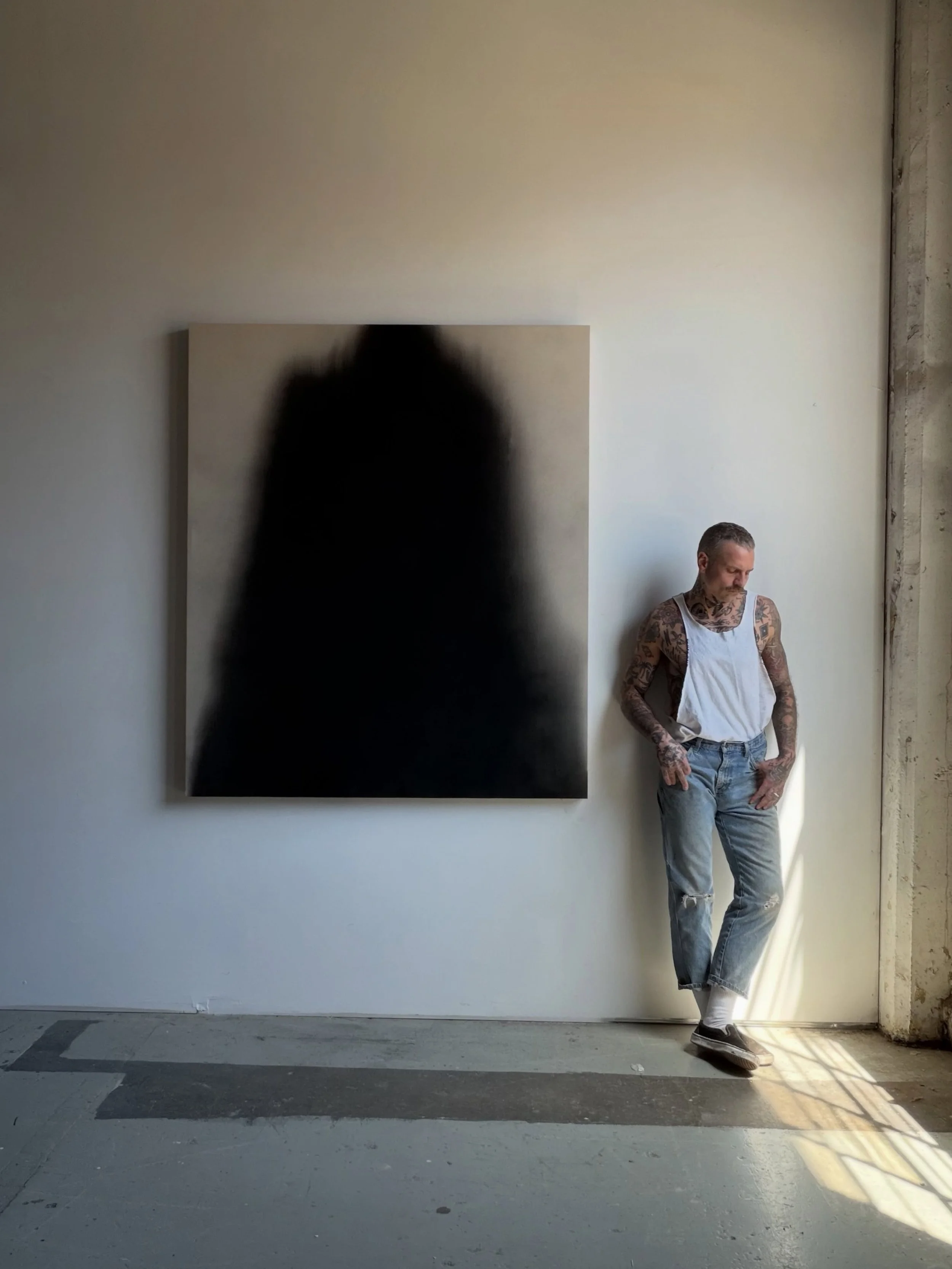 AVAILABLE. &ldquo;Weight of Silence&rdquo; 66&rdquo;x56&rdquo; India ink and distilled water on raw canvas. 

Dense monolithic black form dramatically diffusing into a stark pale background, evoking a powerful sense of isolation and internal pressure