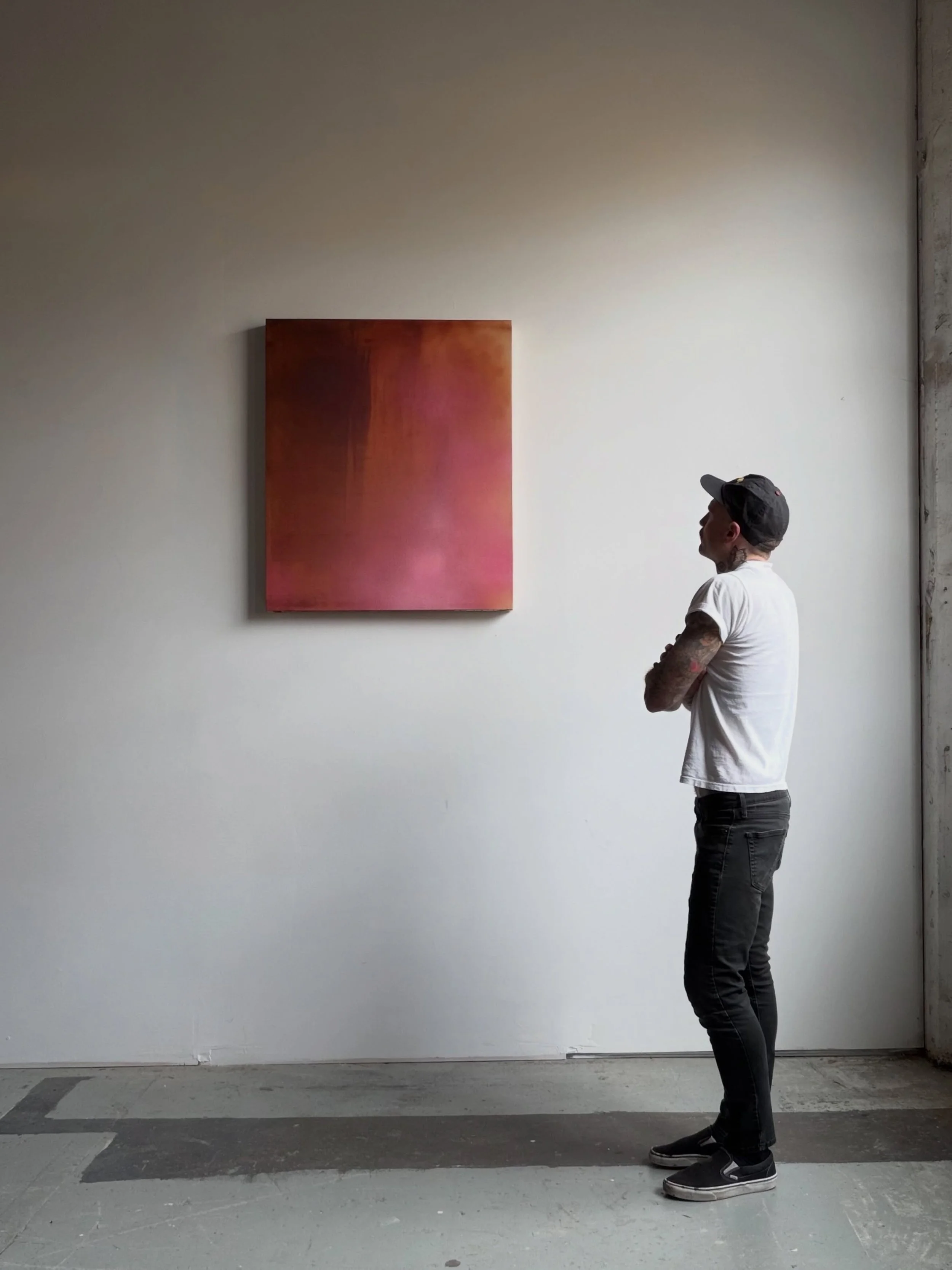 AVAILABLE. &ldquo;Bleeding Blush&rdquo; 38&rdquo;x32&rdquo; acrylic fluid, distilled water and aerosol on raw canvas. 

Soft atmospheric fuchsia tones rising into a crashing wash of deep rusty crimson.

International and domestic shipping available. 