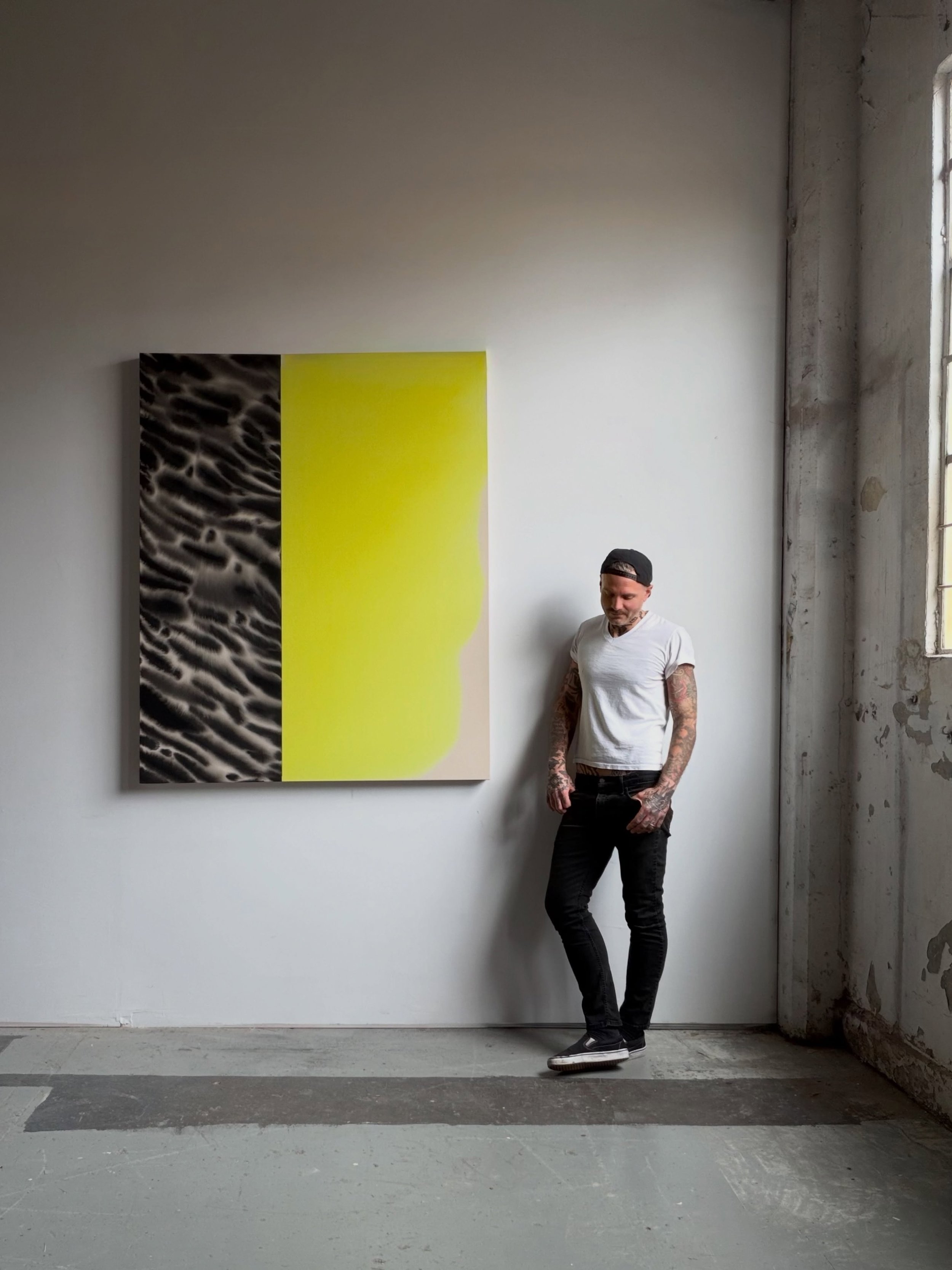 AVAILABLE. &ldquo;Riff &amp; Riot&rdquo; 61&rdquo;x50&rdquo; diptych. India ink, fabric dye and distilled water on raw canvas. 

High-friction punk energy, split screen composition, and electric neon yellow.

International and domestic shipping avail
