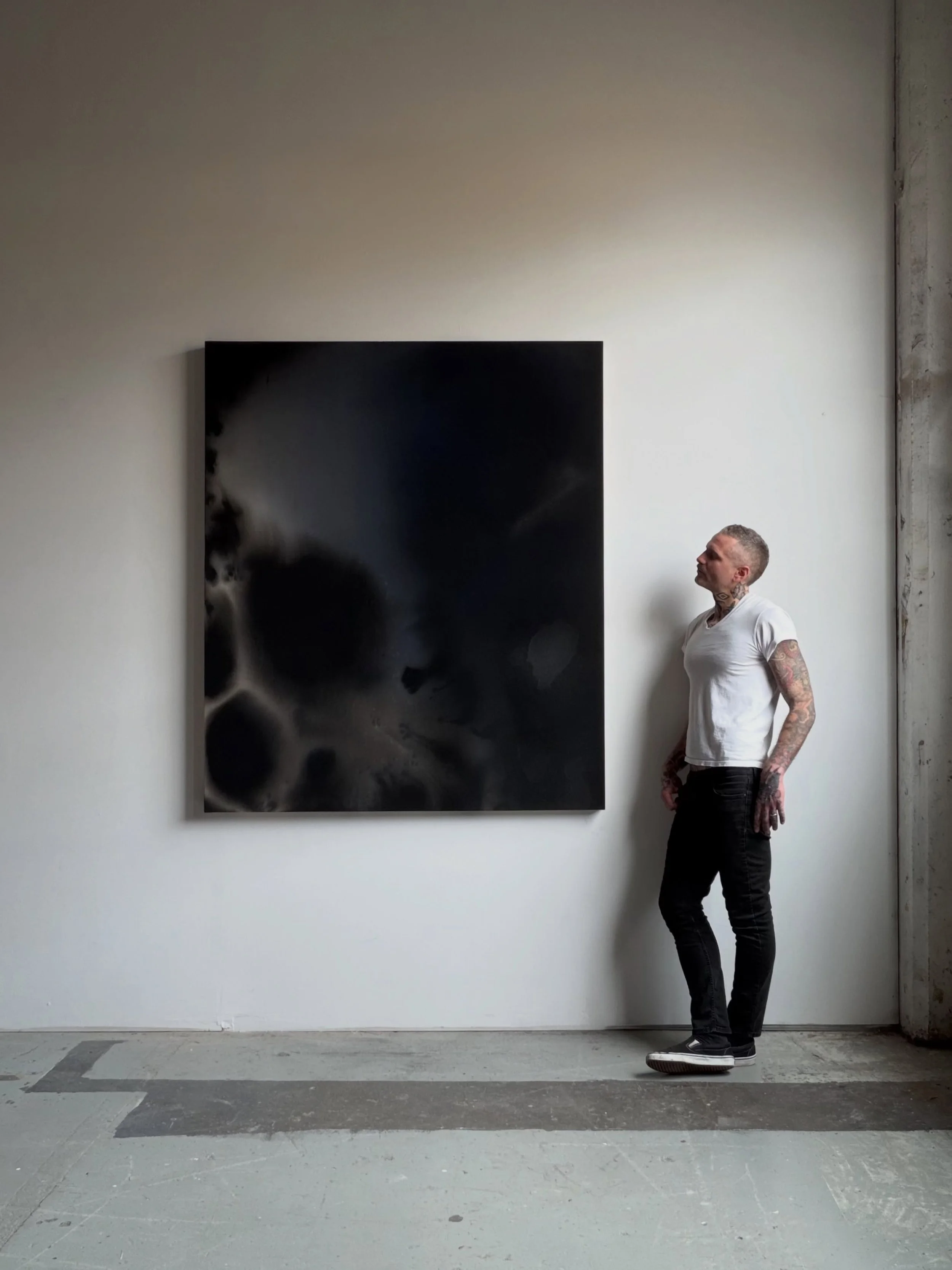 AVAILABLE. &ldquo;Warped Continuum&rdquo; 66&rdquo;x56&rdquo; acrylic fluid, India ink and distilled water on raw canvas. 

Deep, atmospheric black and midnight blue with cosmic, dimensional voids. 

International and domestic shipping available. DM 