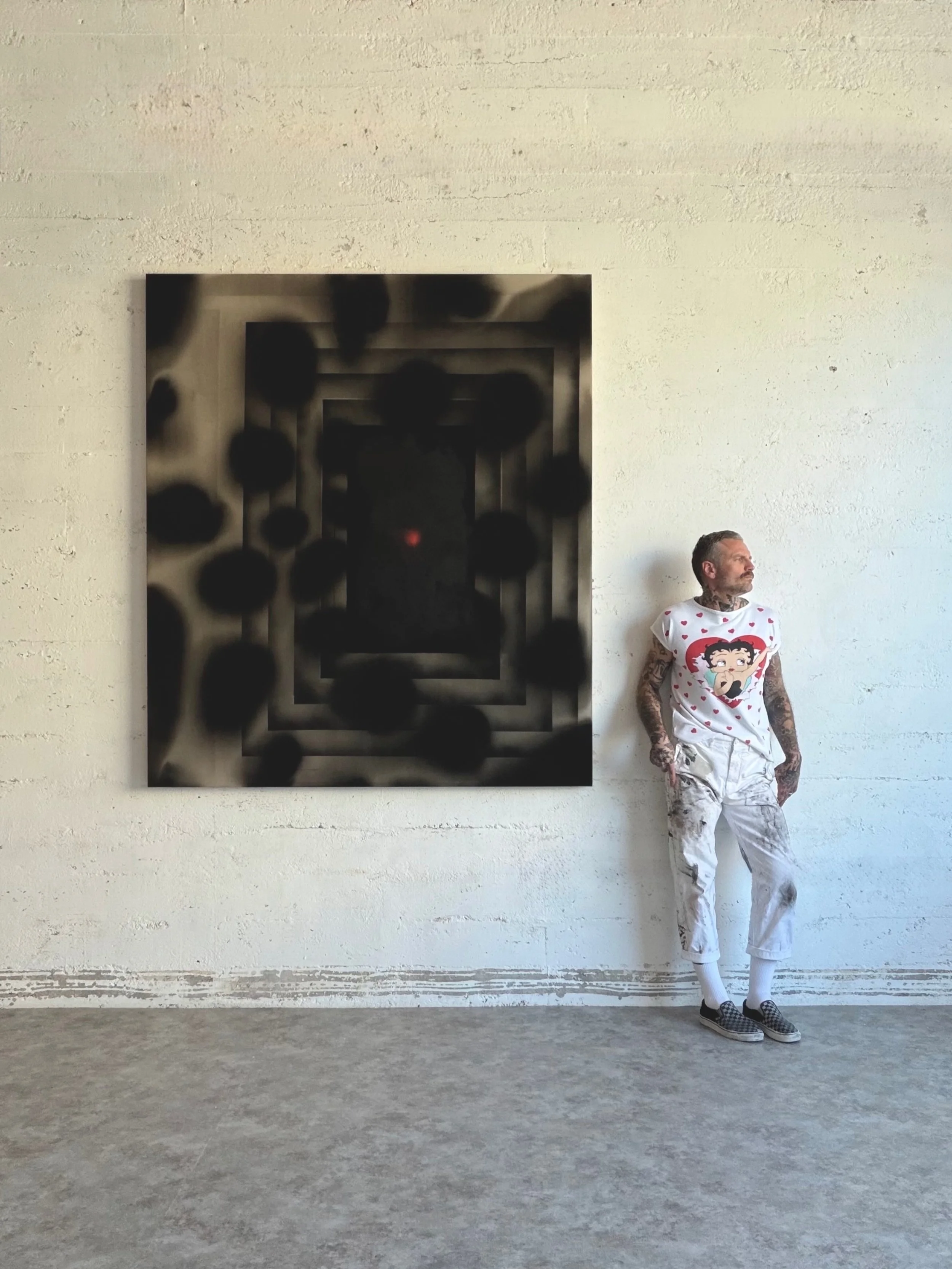 AVAILABLE. &ldquo;Subconscious Architecture&rdquo; 77&rdquo;x67&rdquo; India ink, distilled water and aerosol on raw canvas. 

A haunting study of perspective and the psyche, Subconscious Architecture utilizes monochromatic, concentric thresholds and