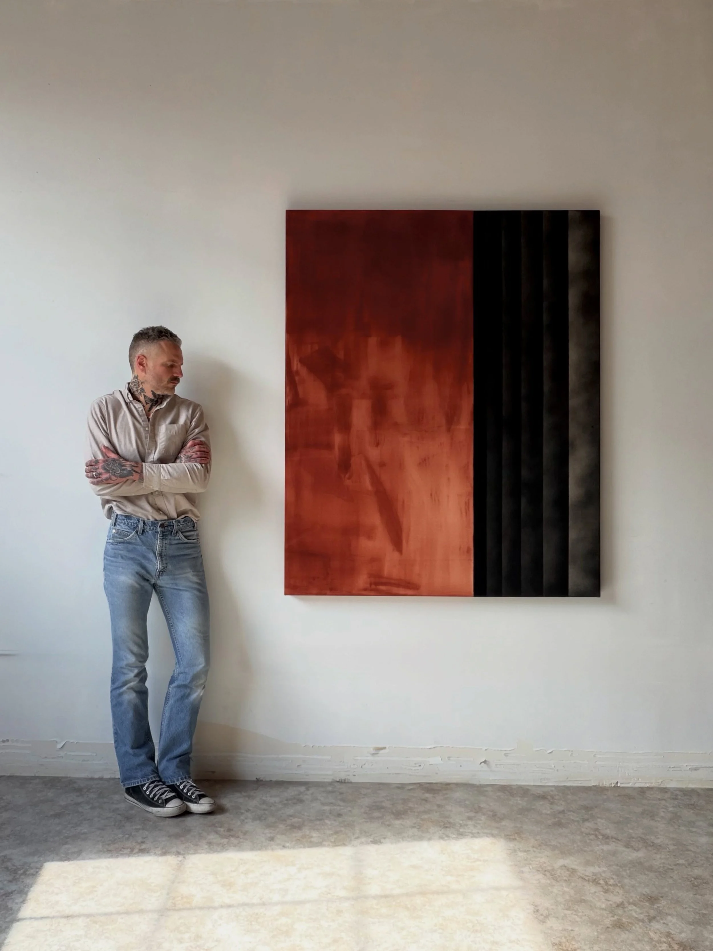 AVAILABLE. &ldquo;Dawn &amp; Discord&rdquo; 2026, 61&rdquo;x50&rdquo; diptych.

Acrylic, distilled water and aerosol on raw canvas.

&ldquo;Dawn &amp; Discord&rdquo; explores the transformative journey of pushing through our deepest fears and perceiv