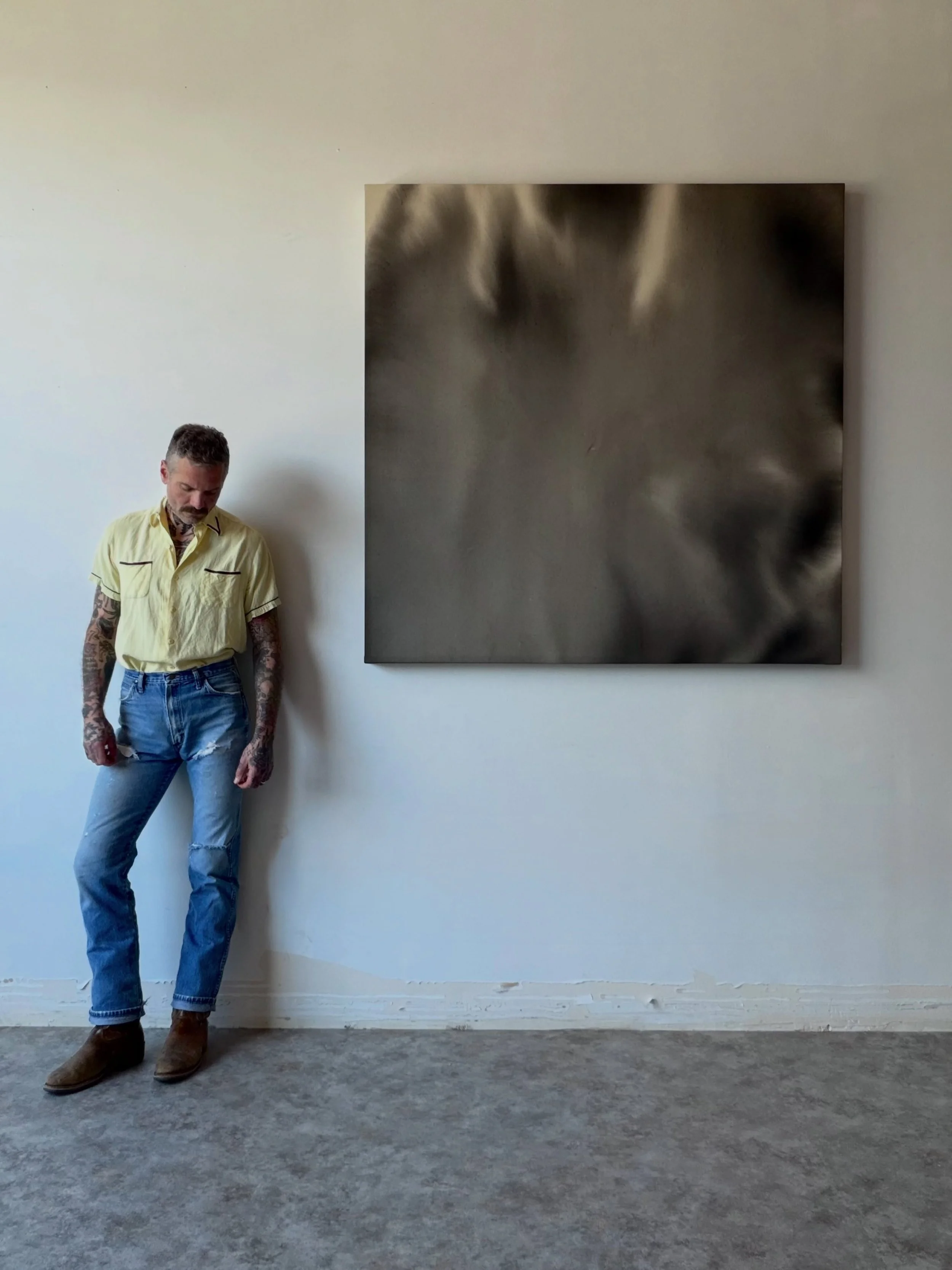 AVAILABLE. &ldquo;REMEMBERING&rdquo; 2026, 56&rdquo;x56&rdquo;

India Ink and distilled water on raw canvas.

An exploration of memory, &ldquo;REMEMBERING&rdquo; captures the hazy, shifting nature of a painful past. The monochromatic canvas blends de