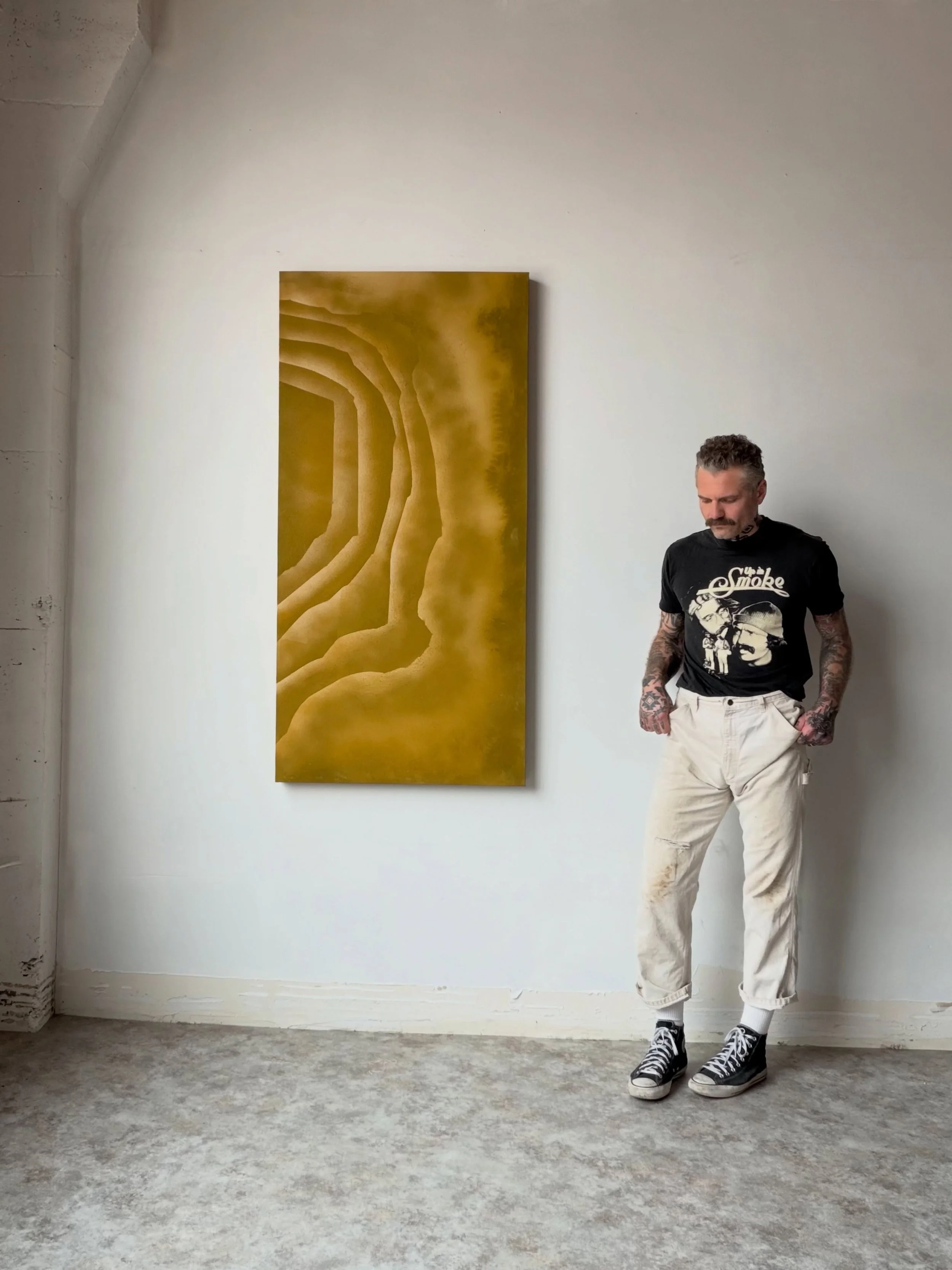 AVAILABLE. &ldquo;THE WELL&rdquo; 2026, 61&rdquo;x30&rdquo;

Acrylic, distilled water, and aerosol on raw canvas.

&ldquo;The Well&rdquo; invites the viewer to look past the surface and step into a space of quiet depth. Its layered, contouring bands 