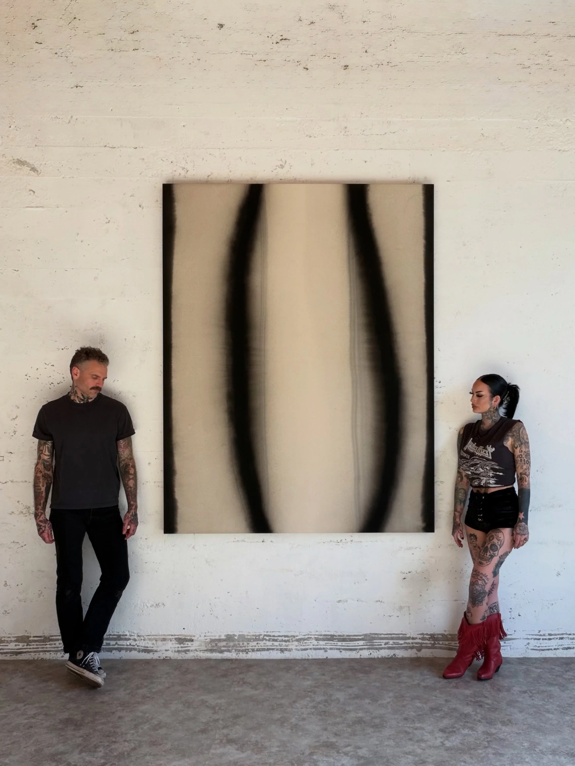 AVAILABLE. &ldquo;TENSION OF 2WO&rdquo; 2026, 72&rdquo; x 60&rdquo;&nbsp;

India ink and distilled water on raw canvas.

&ldquo;Tension of 2wo&rdquo;. A raw, collaborative exploration of boundaries, tension, and the simplistic beauty of masculine vs.