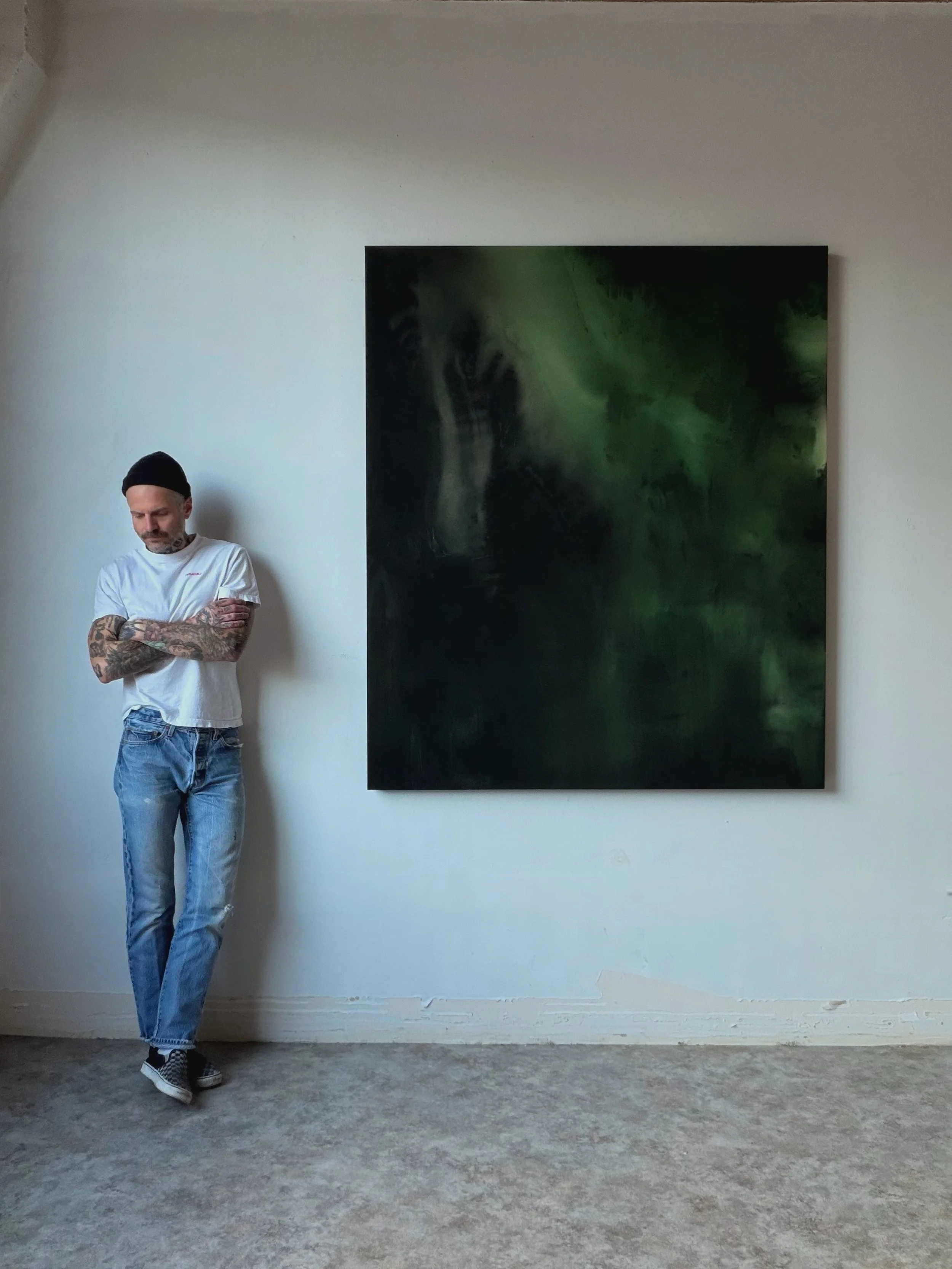 SOLD COMMISSION. &ldquo;IN THE GREENTIME&rdquo; 66&rdquo; x 56&rdquo;

Acrylic fluid and distilled water on raw canvas.

&ldquo;In the Greentime&rdquo; captures that heavy, suspended state of mind where noise fades out and the dark, organic shadows t