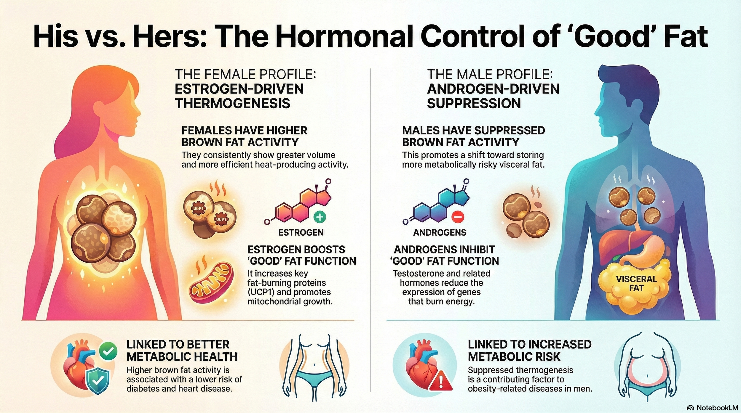 Comparison of hormonal effects on fat in men and women. The female profile shows estrogen-driven thermogenesis, higher brown fat activity, and estrogen boosting 'good' fat function. The male profile shows androgen-driven suppression, lower brown fat 