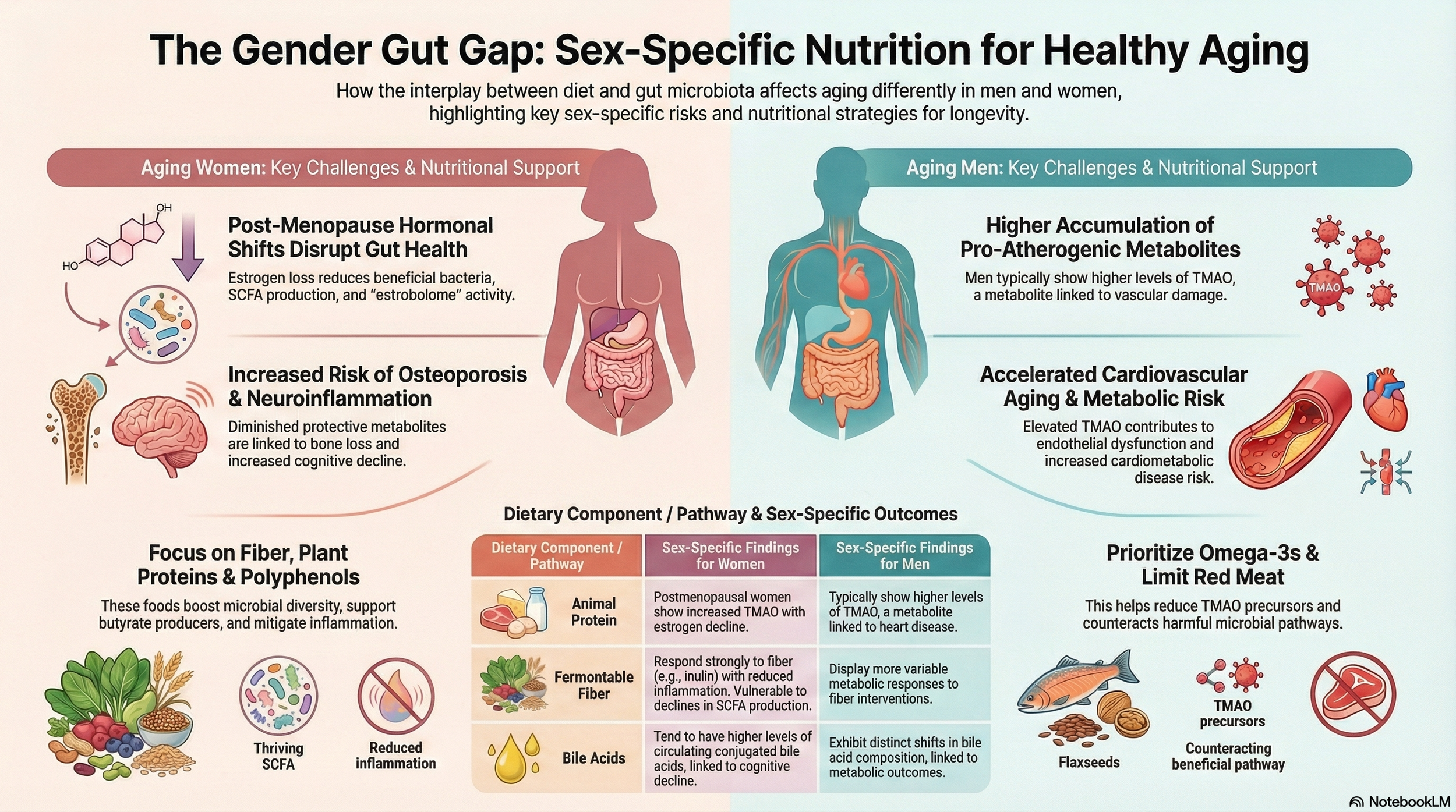 An infographic titled 'The Gender Gut Gap: Sex-Specific Nutrition for Healthy Aging' comparing gut health issues between aging women and men, with illustrations of human silhouettes, digestive organs, and icons representing various health factors and