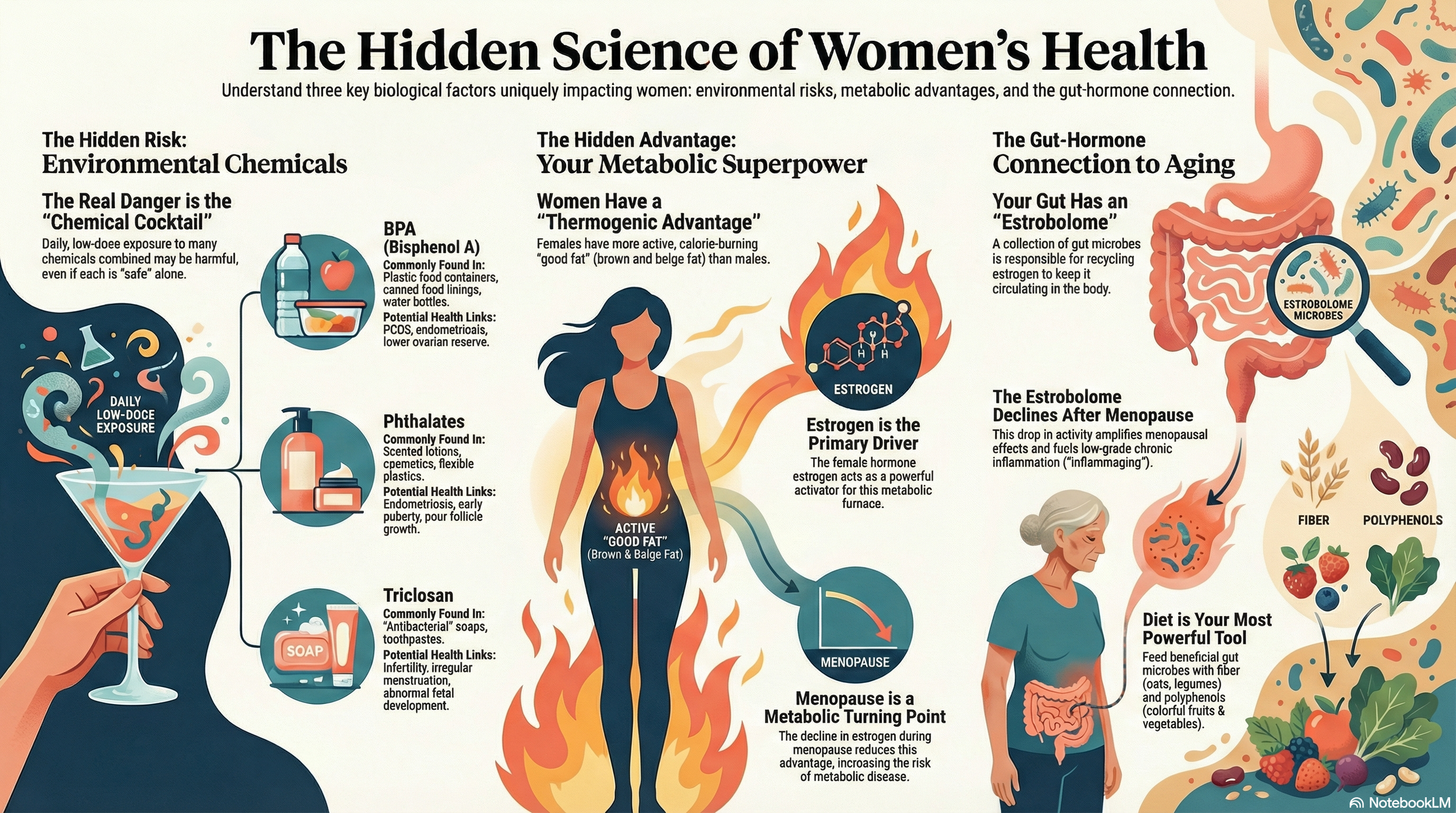 An infographic titled "The Hidden Science of Women's Health" explaining three key biological factors impacting women: environmental risks, metabolic advantages, and the gut-hormone connection to aging. It shows daily low-dose exposure to chemicals li