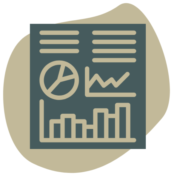 A stylized illustration of a business report or presentation with charts and graphs, including a pie chart, line graph, and bar chart.