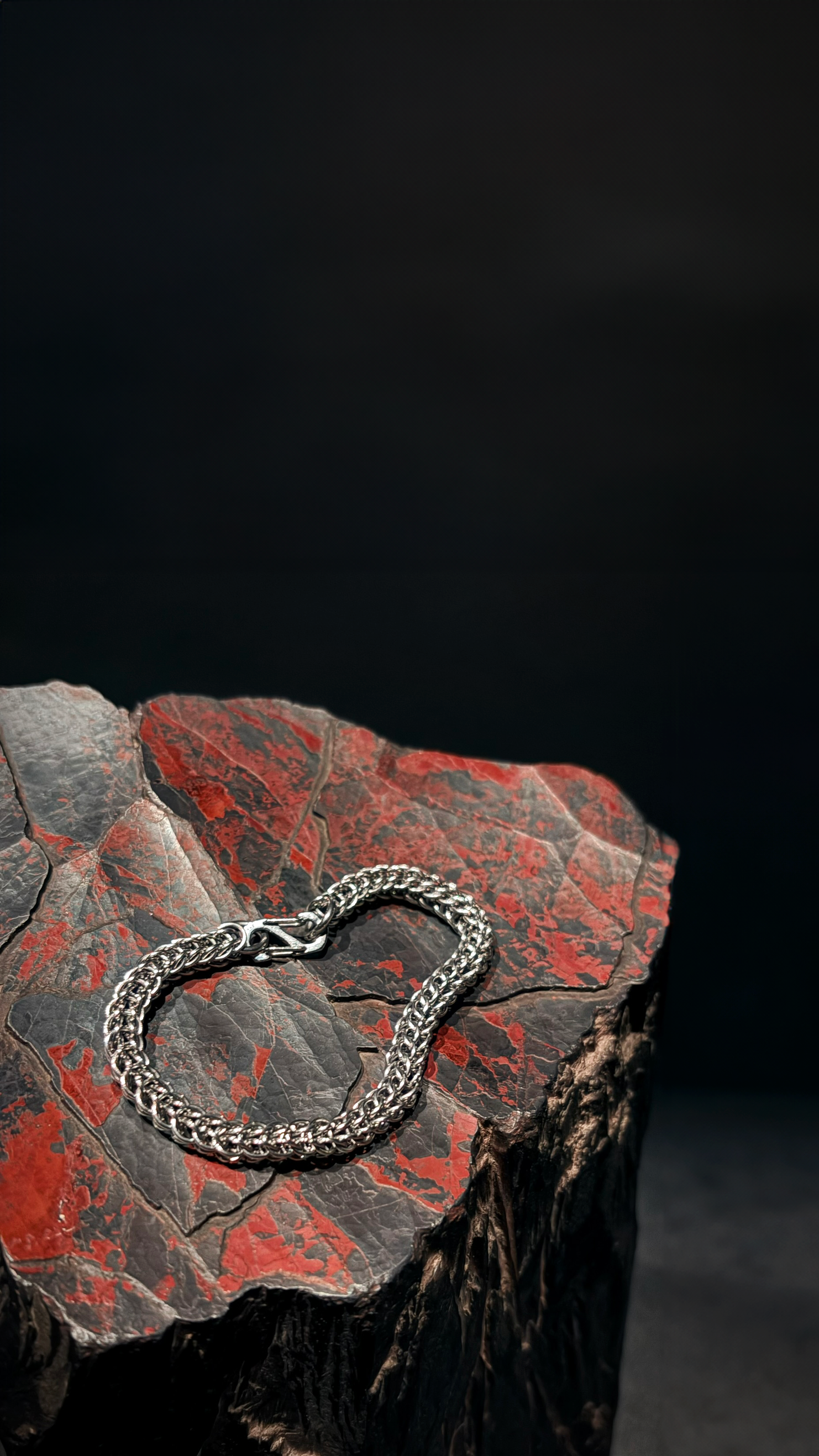 Silver chain bracelet resting on a piece of textured, dark red and black bark.