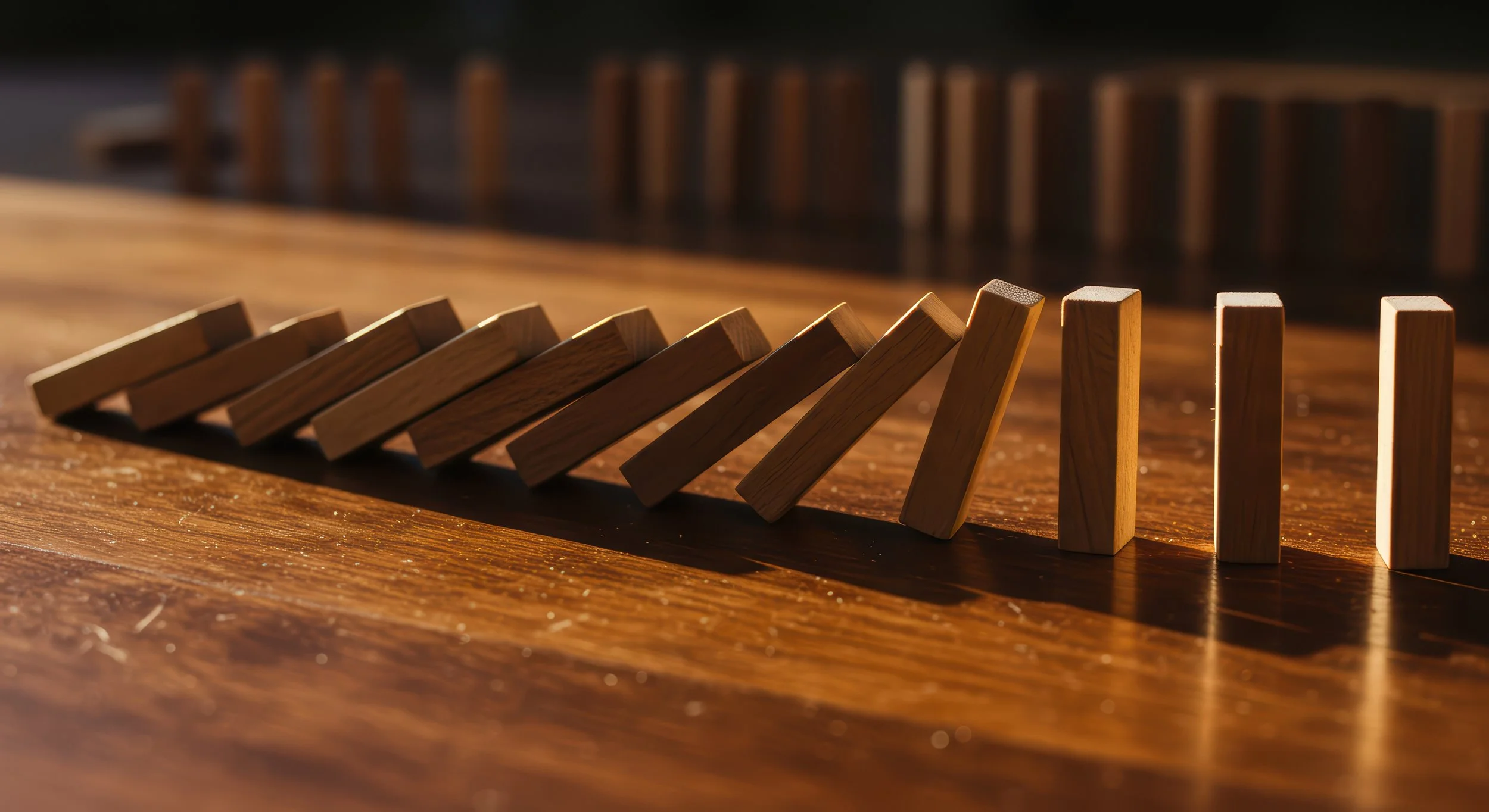 Close-up of wooden dominoes falling on a wooden surface with other dominoes in the background.