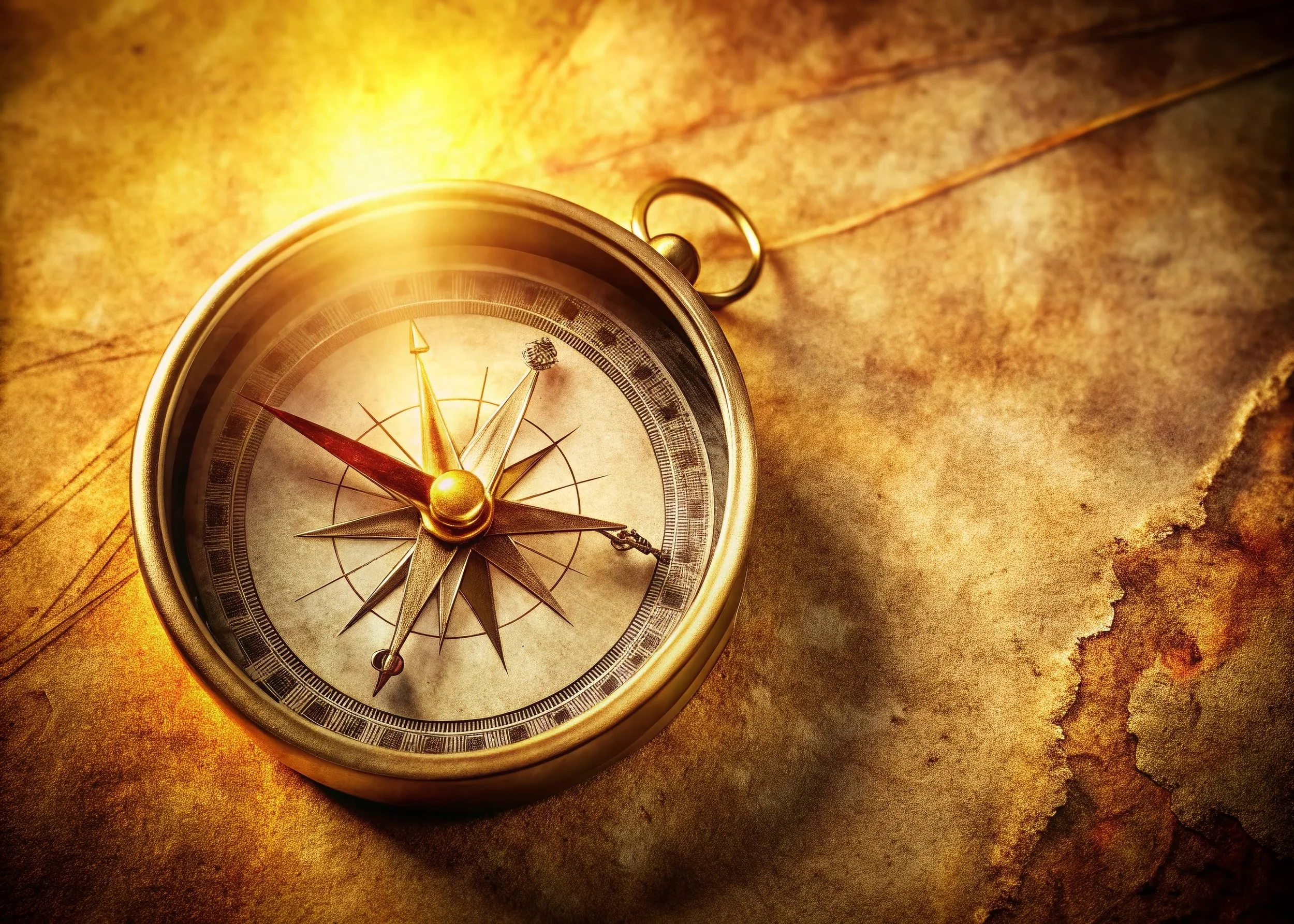 A gold-colored vintage compass with a detailed face, resting on an old, torn, yellowed piece of parchment paper with a warm light source illuminating the scene.