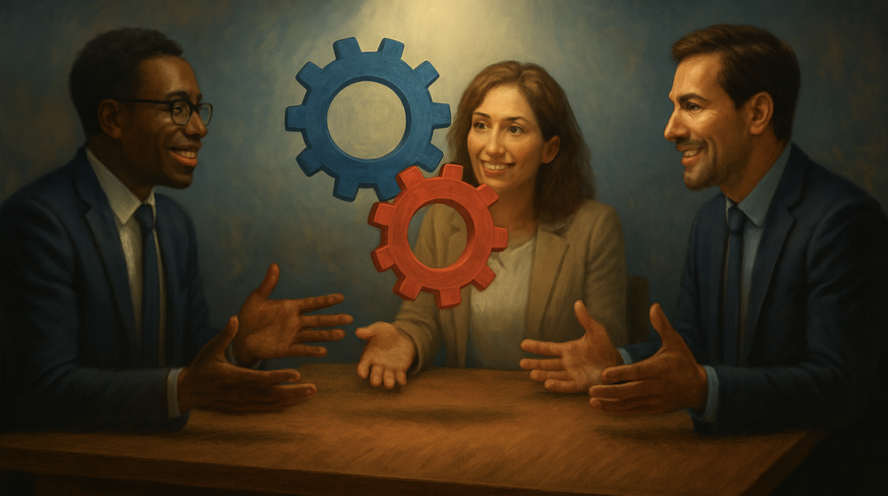 Three businesspeople sitting at a table with gear icons floating between them, engaged in a discussion.