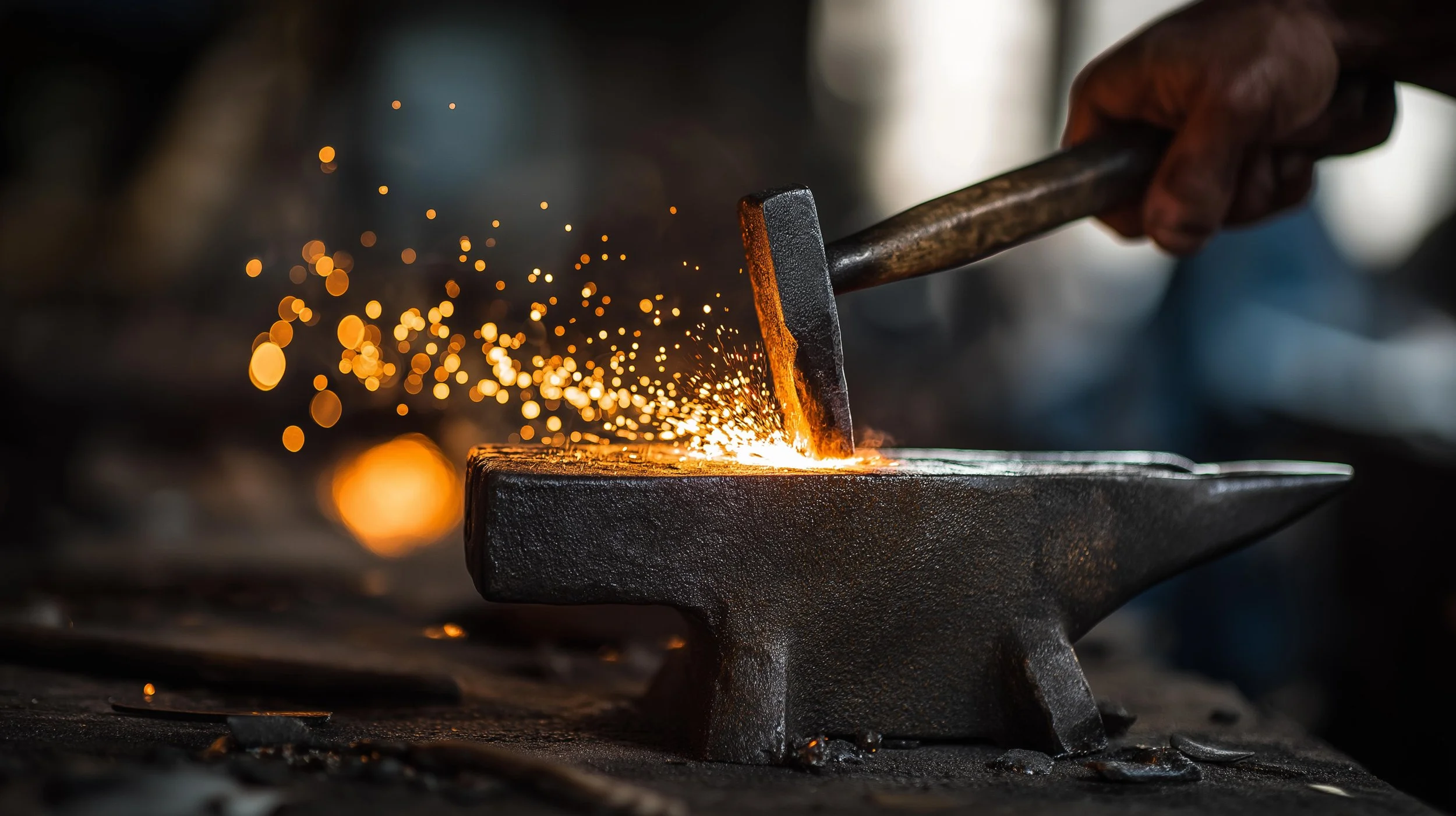 A person hammering metal on an anvil, sparks flying from the impact.