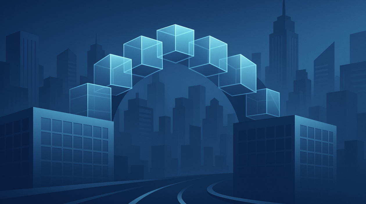 Digital skyline of a city at night with futuristic skyscrapers and an arch of glowing cubes.