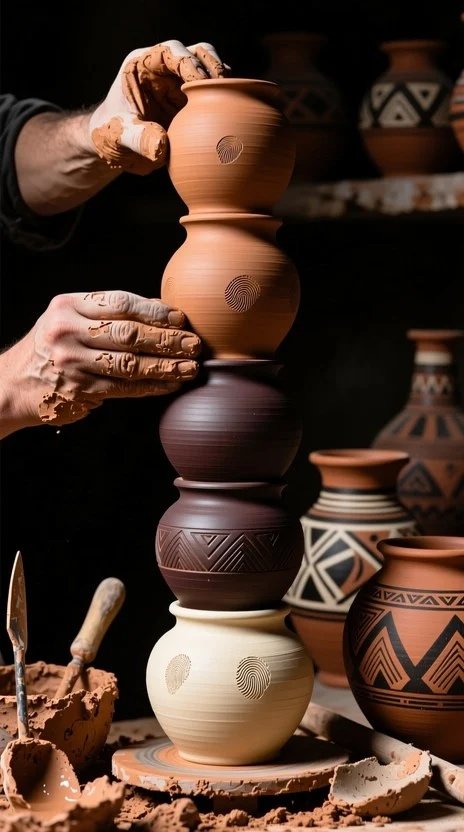 A person stacking various clay pots on top of each other in a pottery studio.