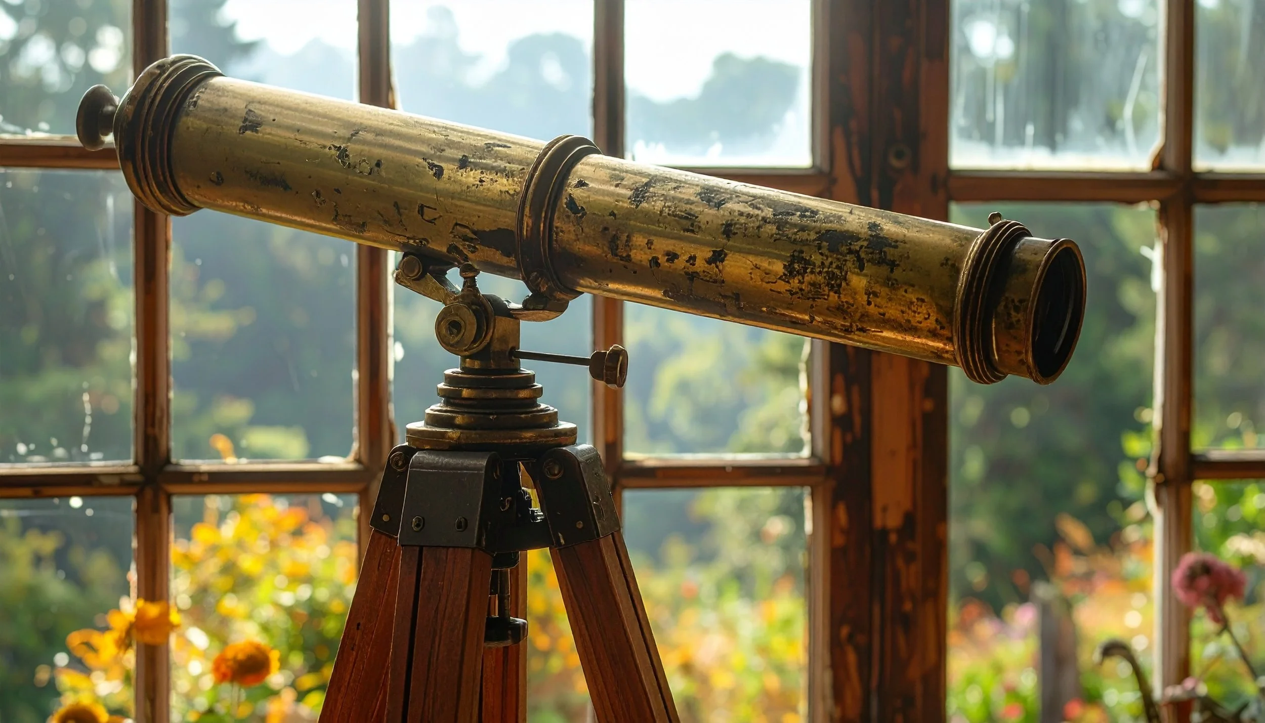 An antique brass telescope on a wooden tripod inside a wooden building with large window panes, overlooking a garden with green trees and colorful flowers.