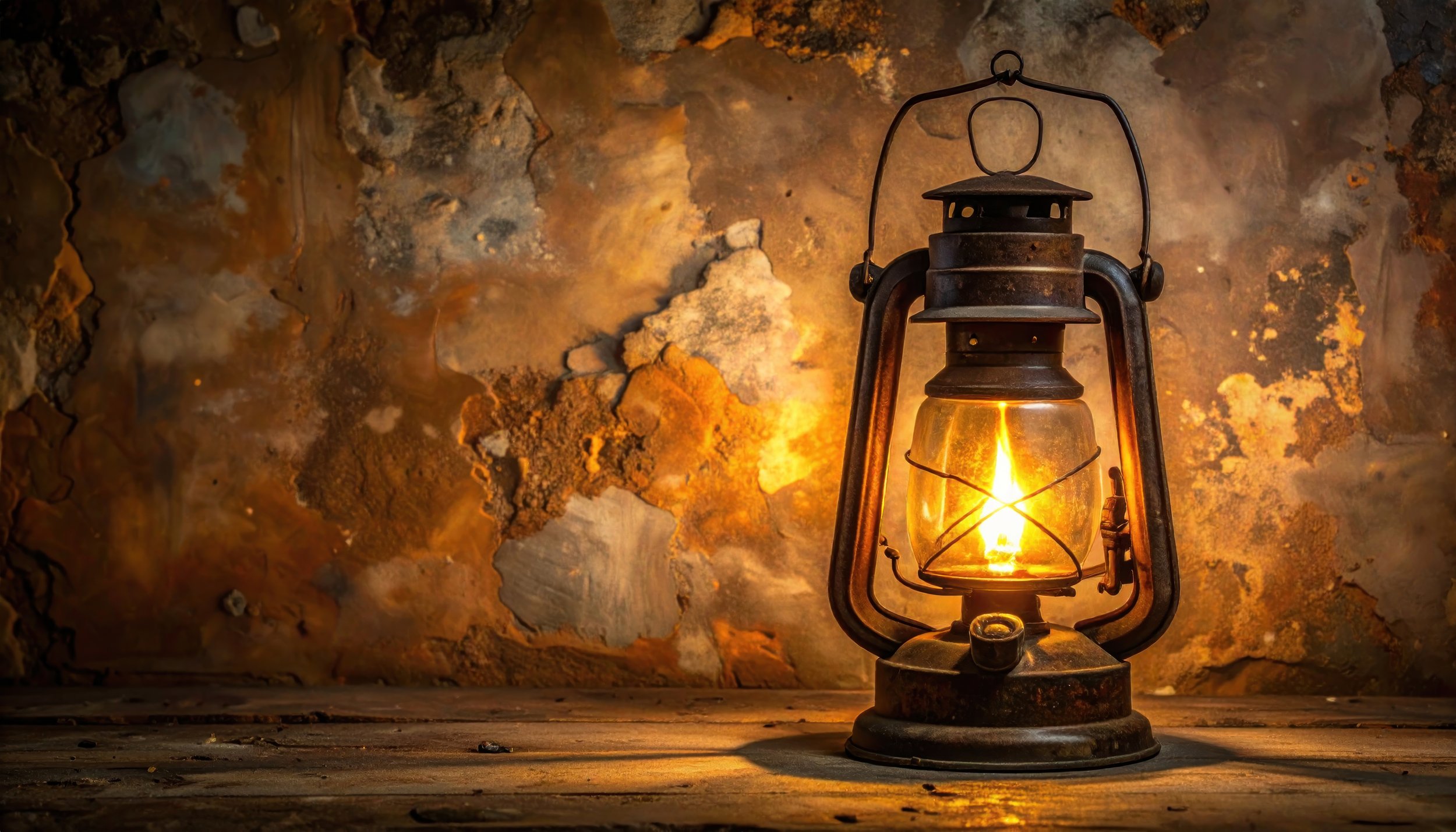 An old, rusty lantern emitting a warm glow, placed on a wooden surface against a textured, weathered wall.