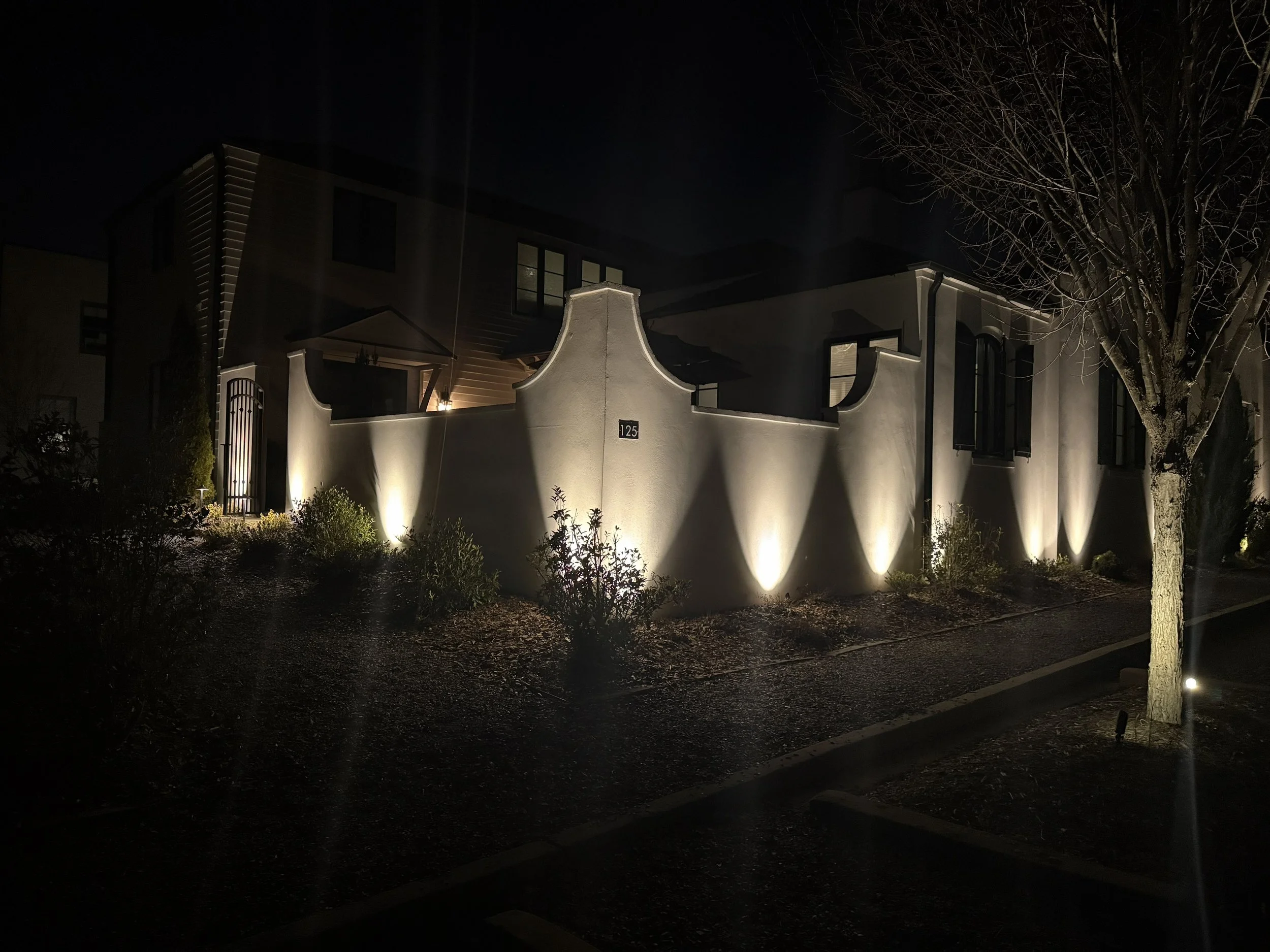 Night view of a house with a curved white wall illuminated from below, with small plants along the wall and a tree on the right side.