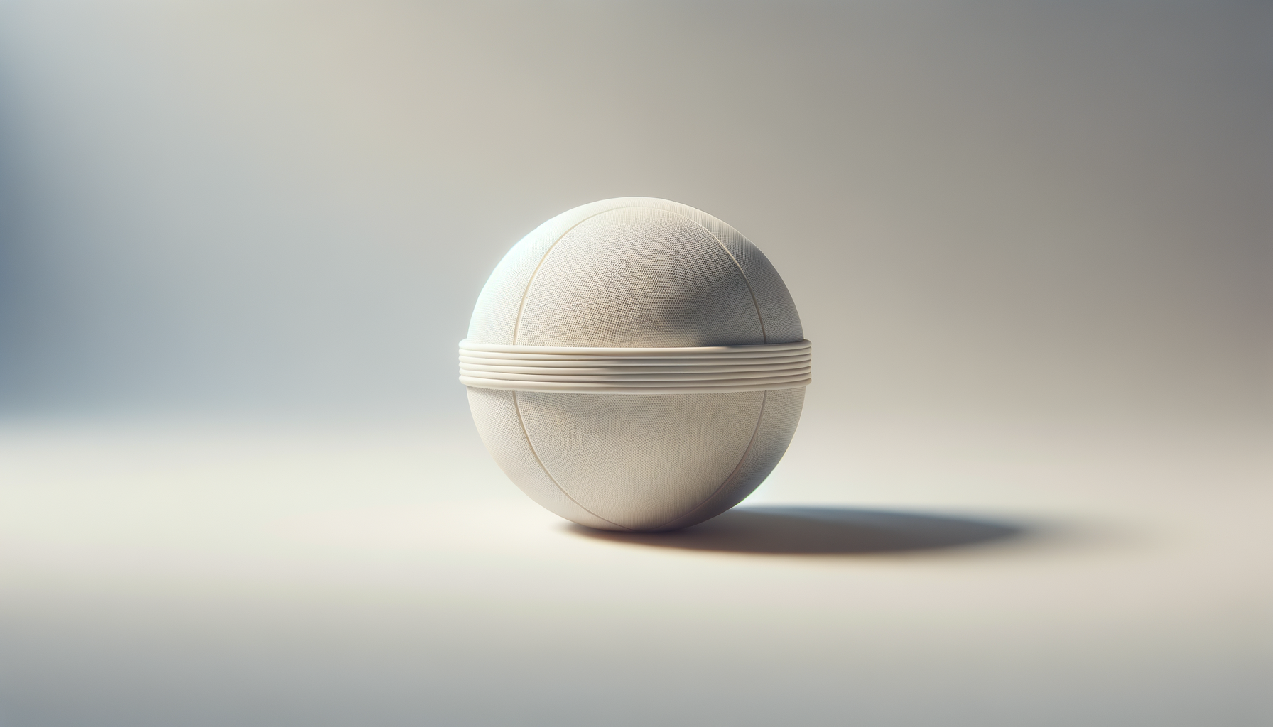 A spherical smart speaker with a fabric exterior and a horizontal ridge around its middle, placed on a flat surface with a subtle shadow.