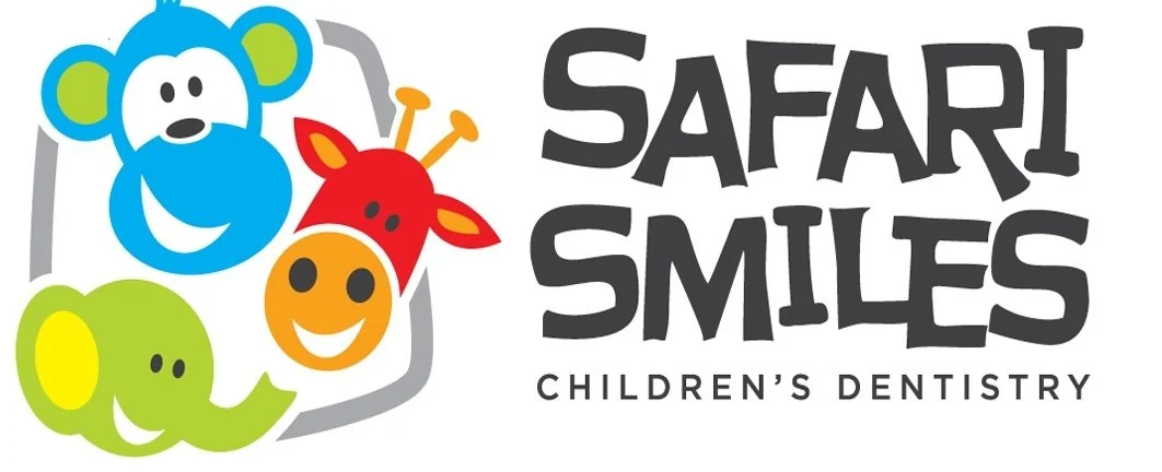 Logo for Safari Smiles Children's Dentistry featuring cartoon animals: a blue monkey, a red giraffe, a green elephant, and an orange smiling face, with the text 'Safari Smiles Children's Dentistry'.