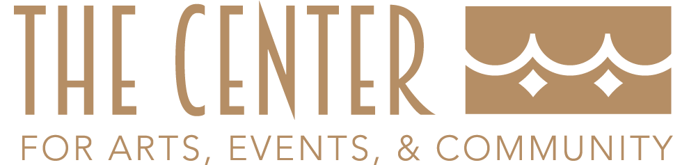 Logo for The Center for Arts, Events, and Community featuring stylized text and abstract design elements.