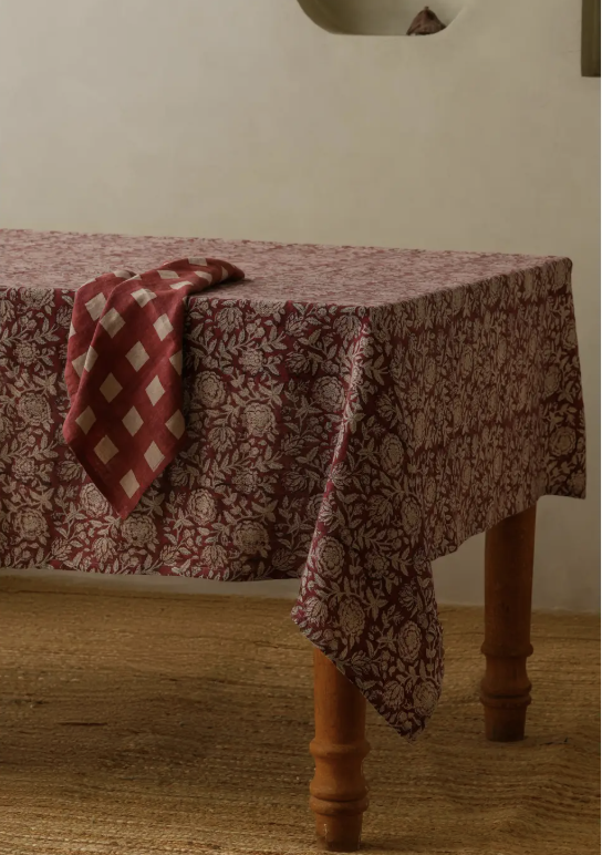Bordeaux Floral Block Print Tablecloth