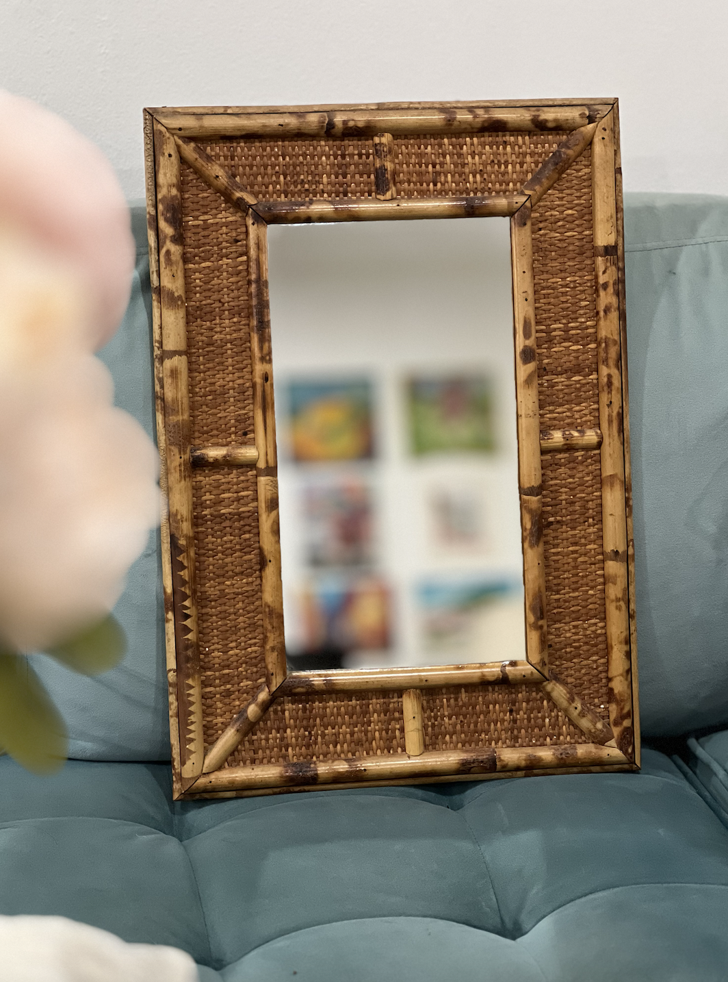 Vintage Tortoise Bamboo & Woven Rattan Mirror