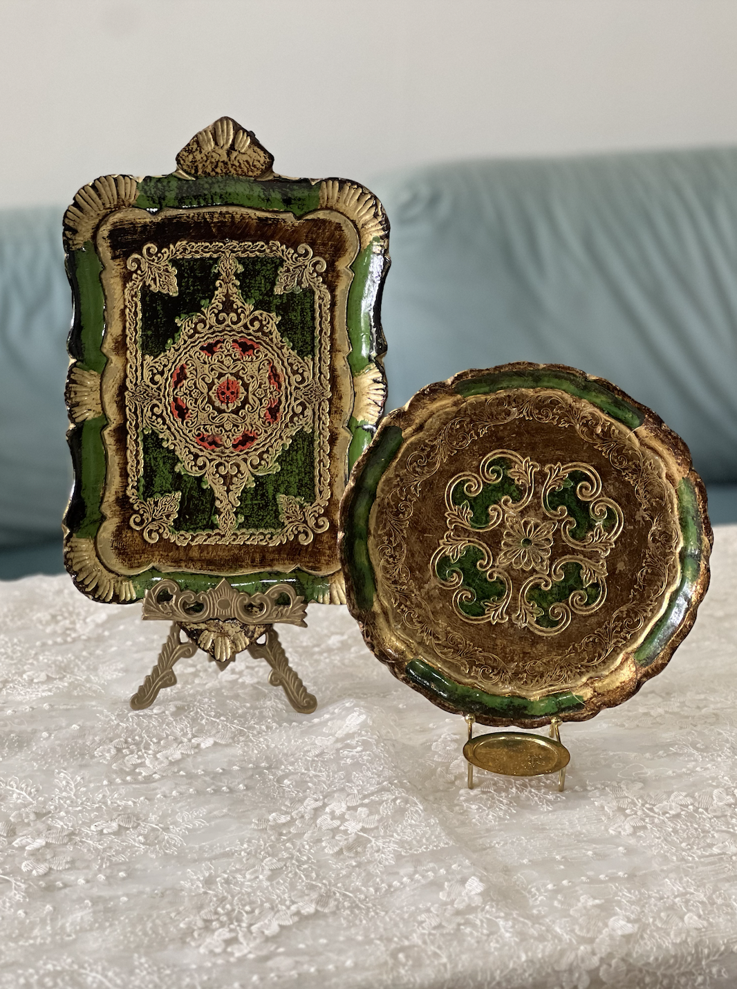 Vintage Italian Florentine Tray | Green & Gold Gilt