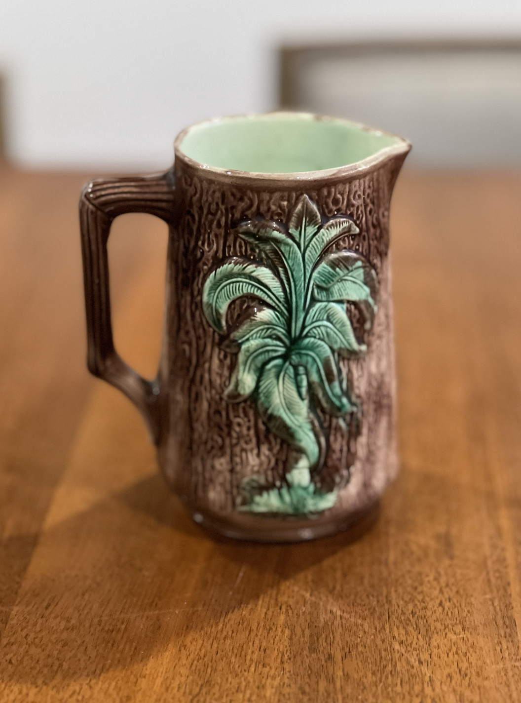 Antique Ridgways Staffordshire Majolica Palmetto & Bark Pitcher c.1880–1885