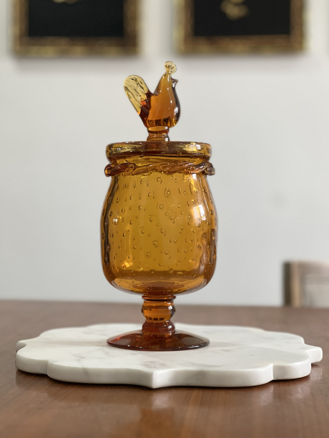 Amber Controlled Bubble Lidded Vessel with Rooster Finial
