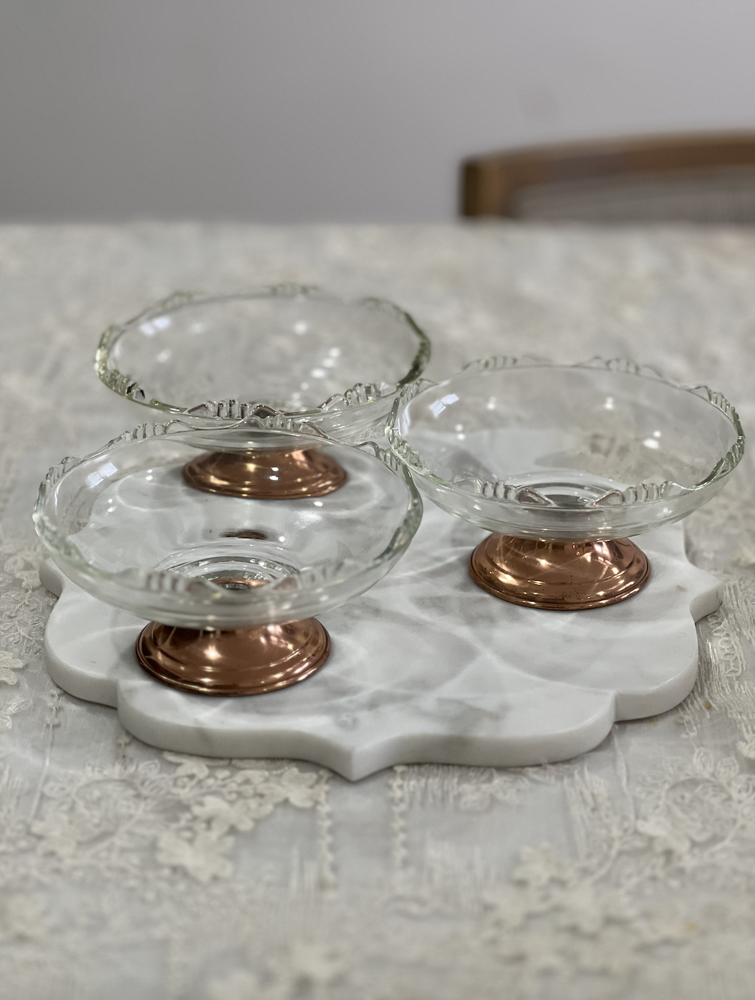 Vintage Scalloped Glass Compotes, Copper Pedestal Base