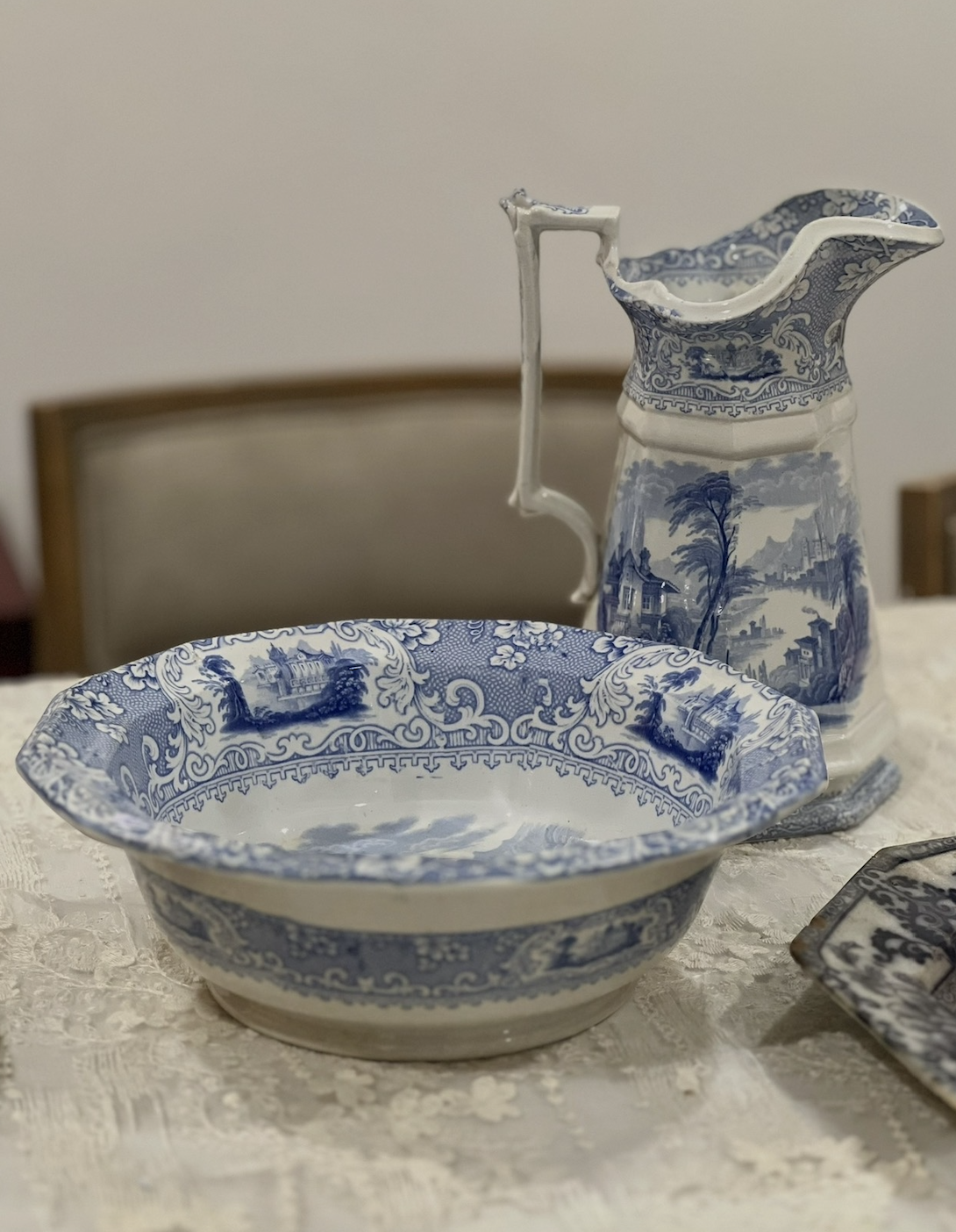 Antique Podmore Walker & Co. "Venus" Blue Transferware Pitcher & Washbasin