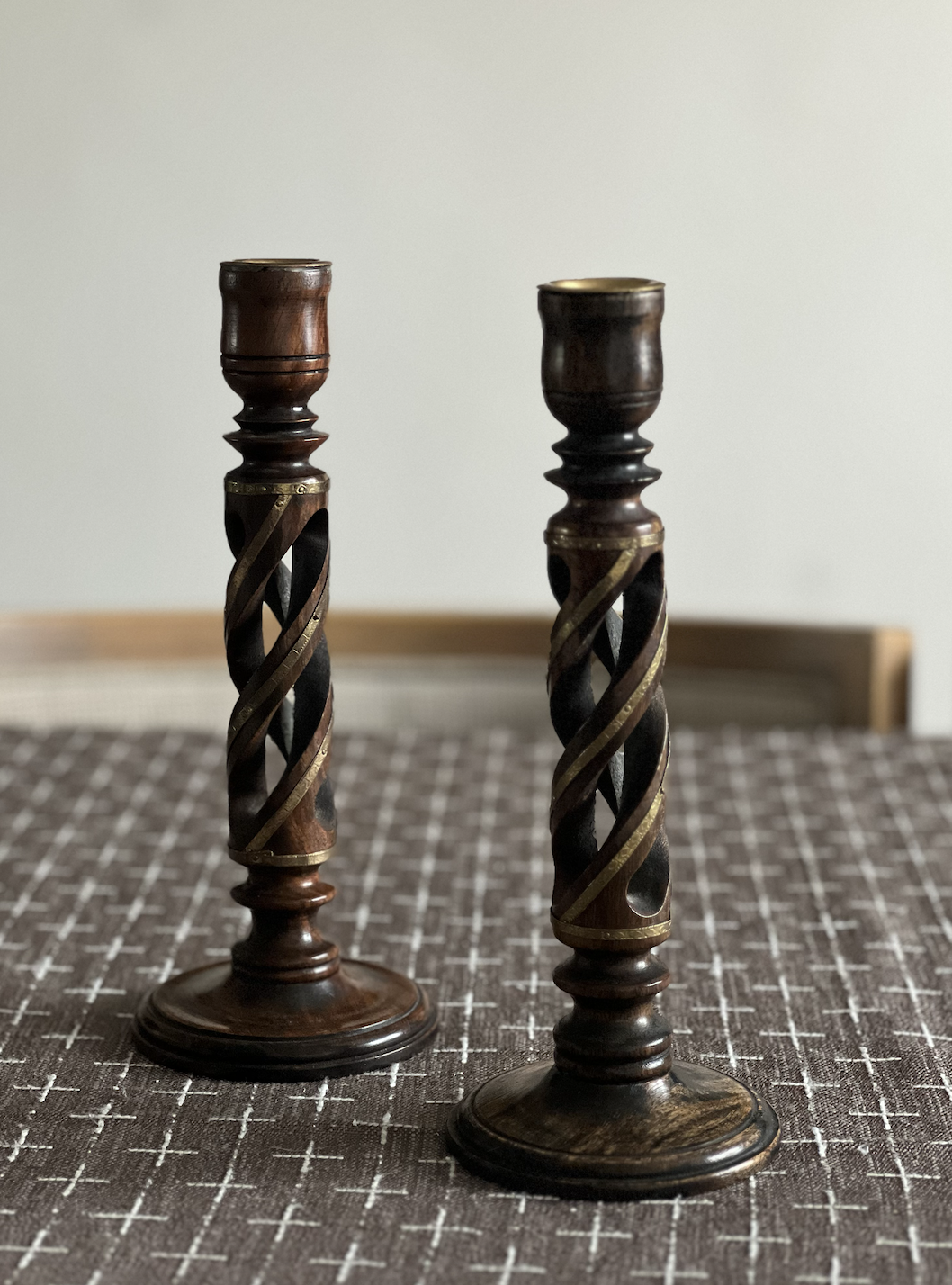 Vintage Barley Twist Wood and Brass Candlesticks, Pair