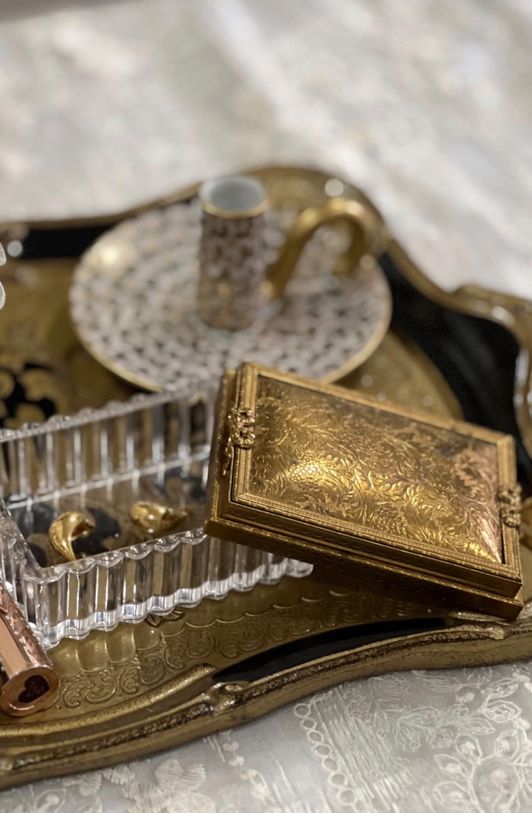 Vintage Glass Vanity Box | Ribbed Glass Base | Etched Brass Lid