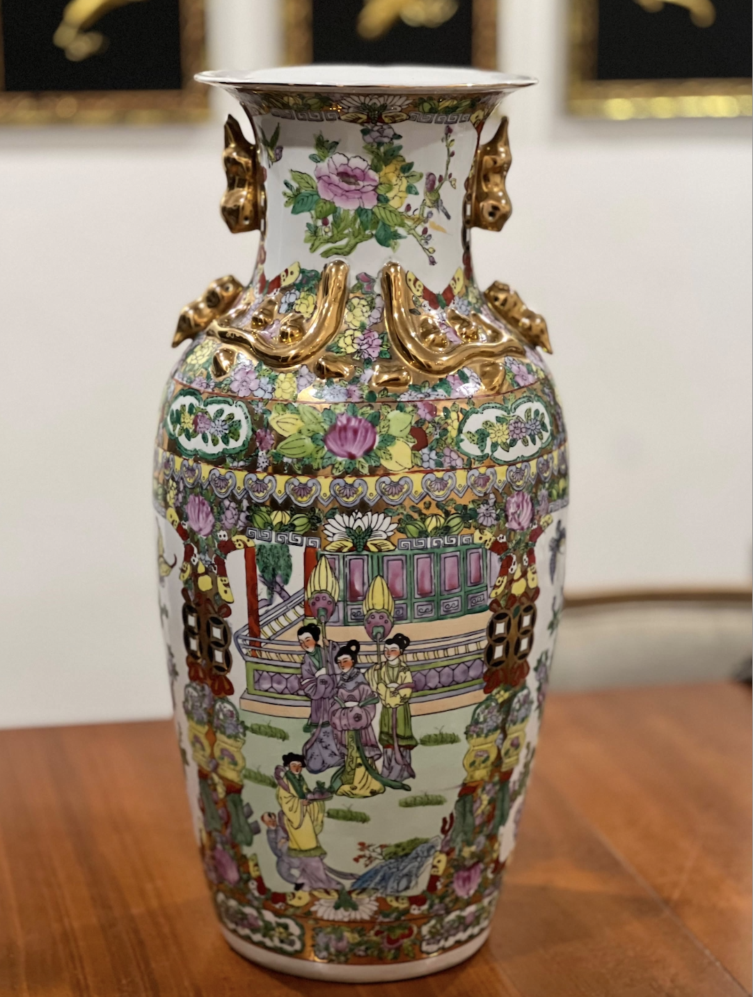Vintage Rose Medallion Vase | Gilt Dragon Handles