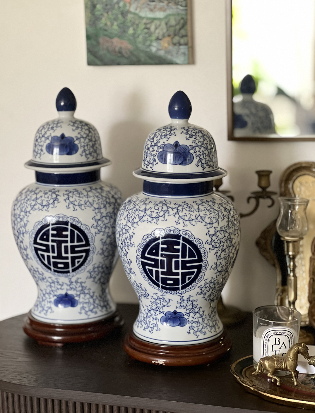 Vintage Blue & White Double Happiness Temple Jar
