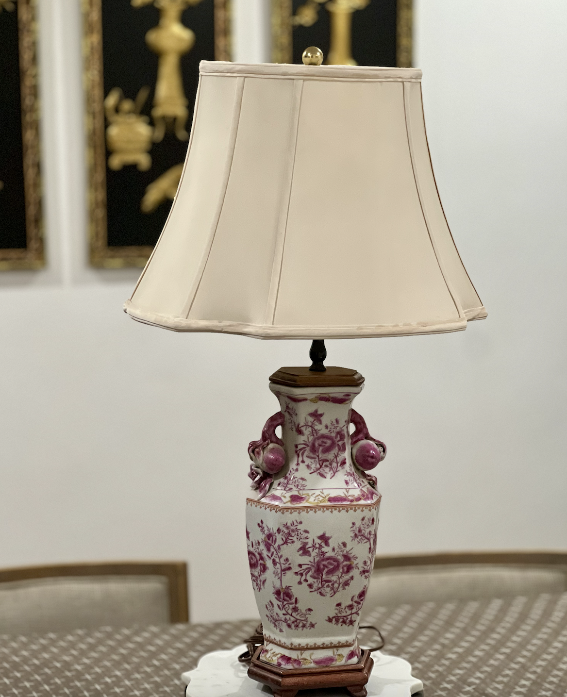 Vintage Pink Chinoiserie Puce Porcelain Lamp