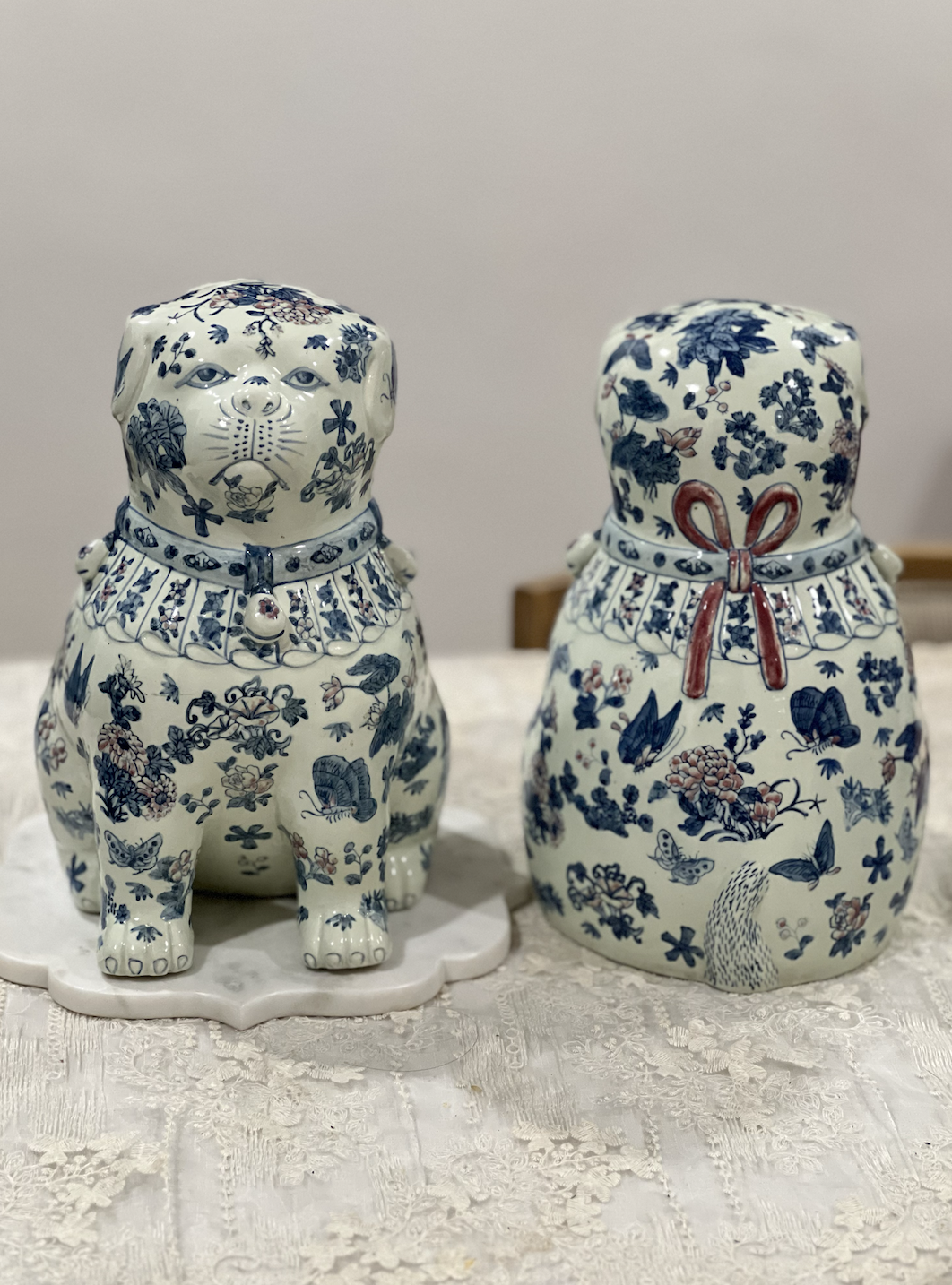 Vintage Chinese Blue & White Porcelain Pug Dogs, Pair