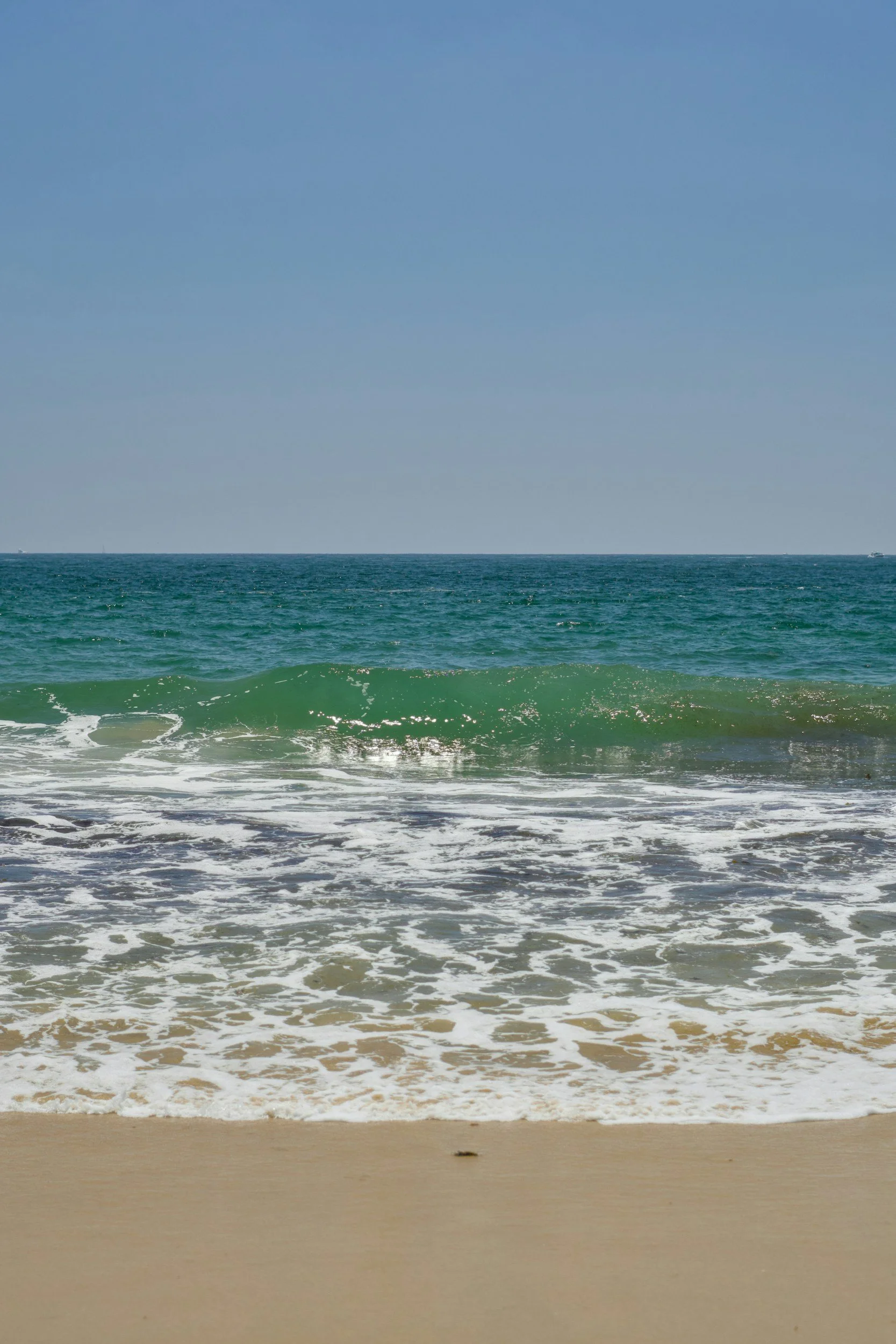 View of the ocean with clear blue sky, gentle waves on the shore, and sandy beach in the foreground.