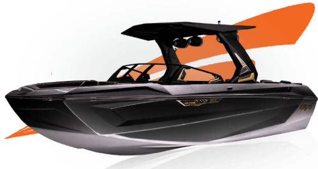 A sleek black and gray speedboat with a covered cockpit, shown on a stylized orange and gray background.
