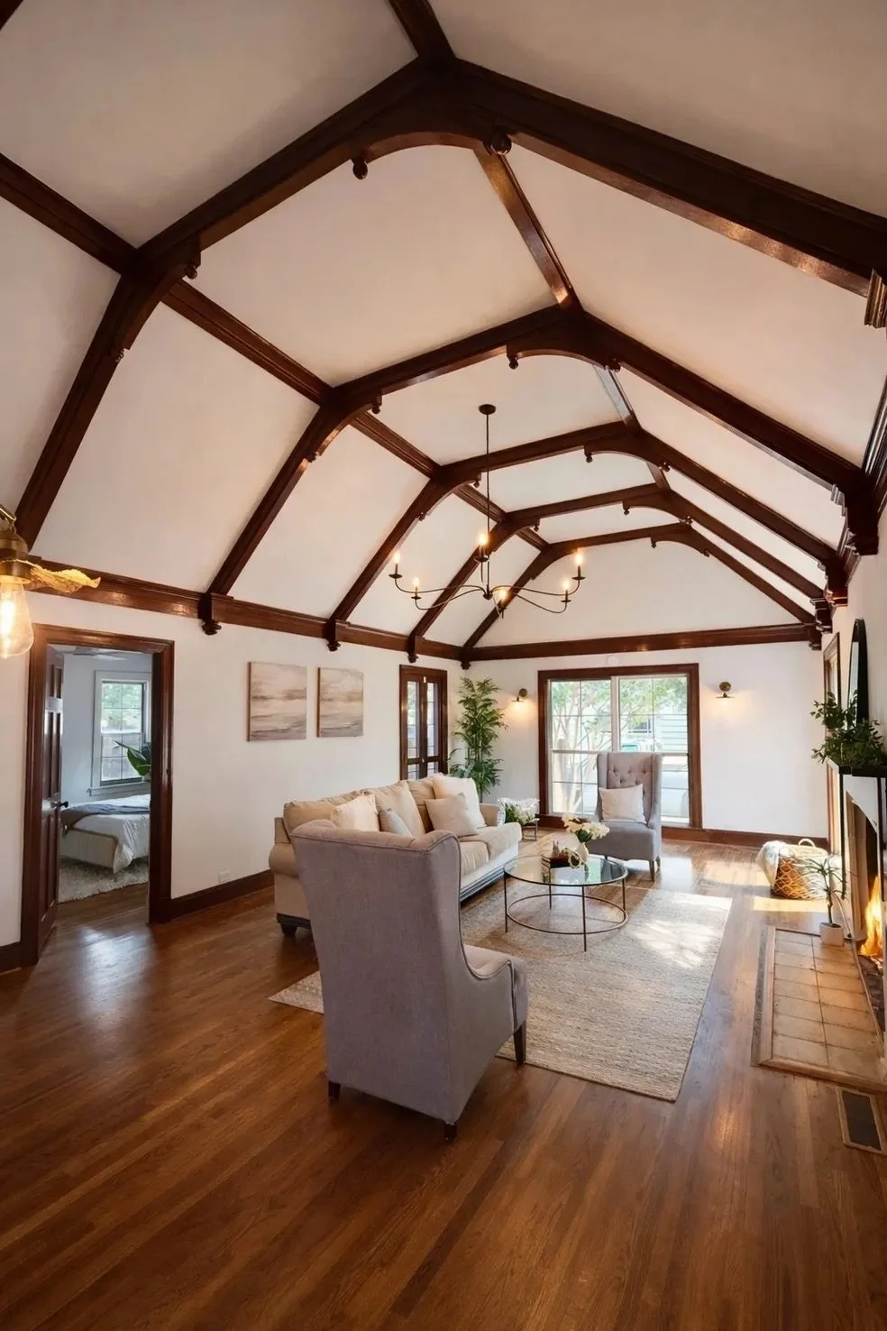 A living room with high ceilings and wooden floors