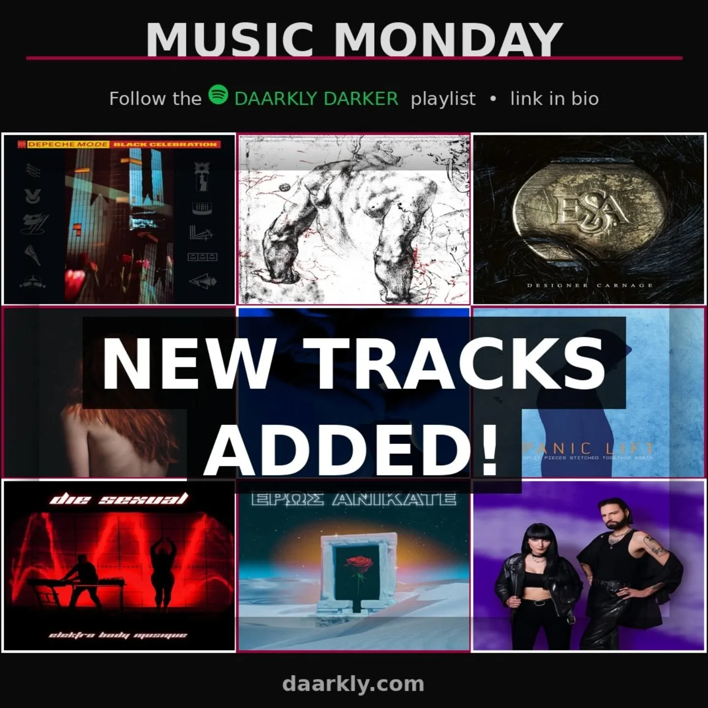 Music Monday

New this week on the DAARKLY DARKER playlist:

No Sound - Mercy Girl
Black Celebration - Depeche Mode
DISC.EXE - Moon 17
I Detach - ESA (Electronic Substance Abuse)
Into Those Woods - Bragolin
Filthy - The New Division Remix - Haunt Me,