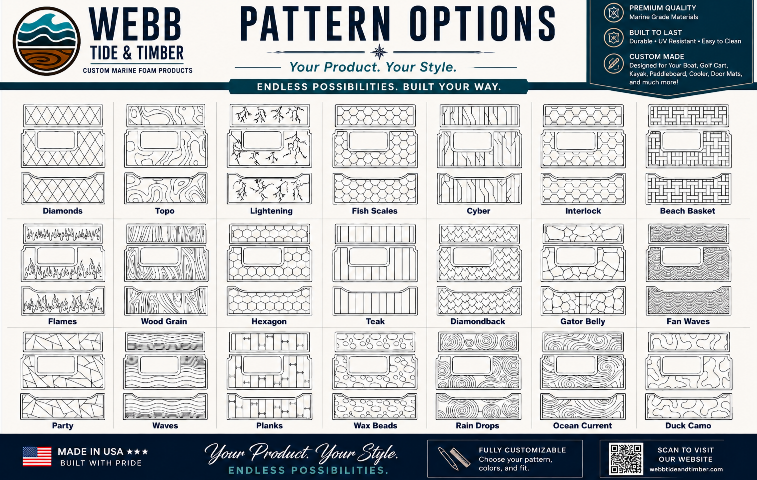 A chart from Webb Tide & Timber displaying various customizable marine foam pattern options. The patterns include Diamonds, Topo, Lightening, Fish Scales, Cyber, Interlock, Beach Basket, Flames, Wood Grain, Hexagon, Teak, Diamondback, Gator Belly, Fan Waves, Party, Waves, Planks, Wax Beads, Rain Drops, Ocean Current, and Duck Camo. Each pattern is shown as a line drawing.