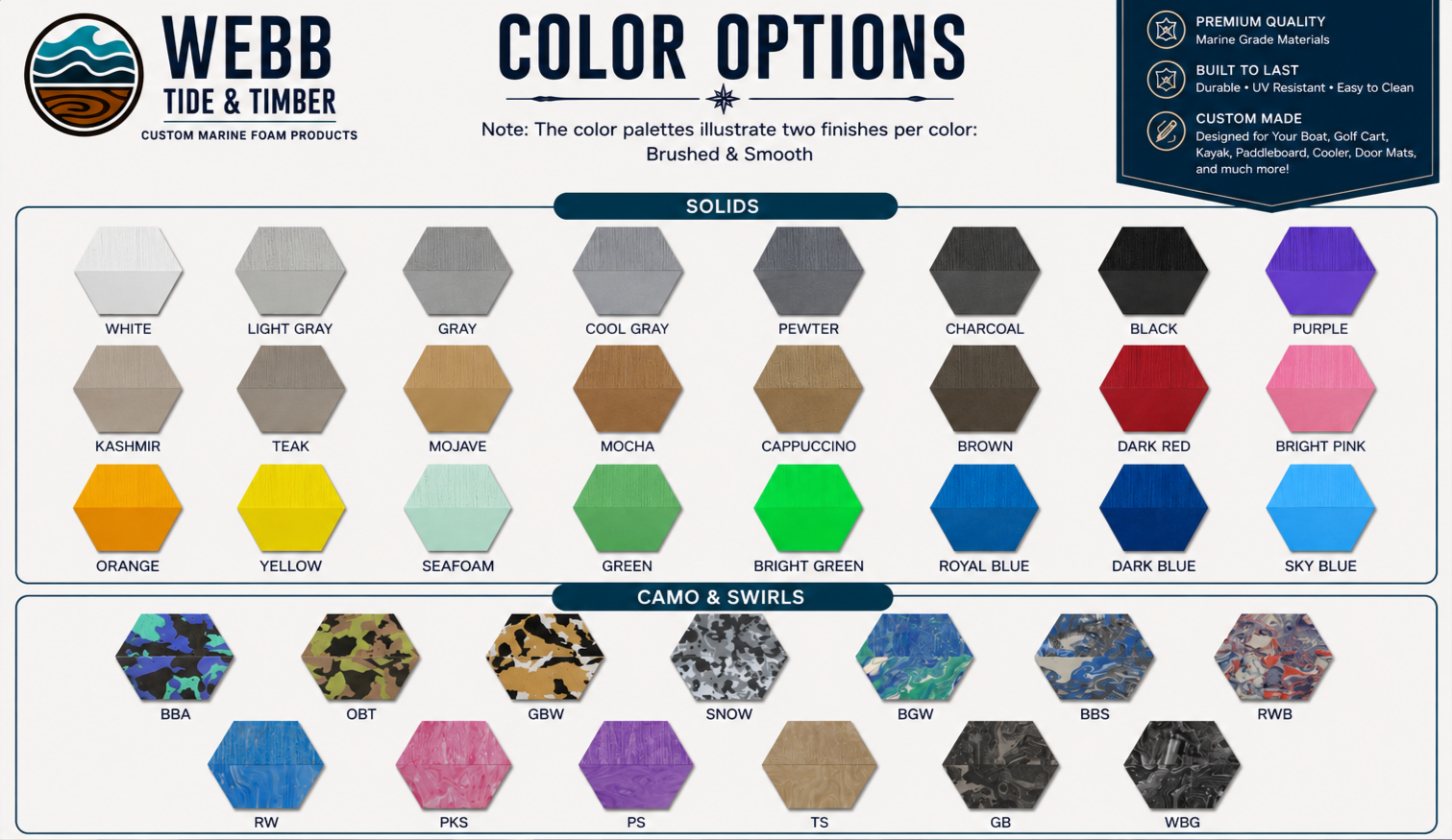 Color options chart from Webb Tide & Timber displaying solids and camo & swirls finishes for marine foam products. Solids section shows white, light gray, gray, cool gray, pewter, charcoal, black, purple, kashmir, teak, mojave, mocha, cappuccino, orange, yellow, seafoam, green, bright green, royal blue, dark blue, sky blue. Camo & swirls section includes BBA, OBT, GBW, SNOW, BGW, BBS, RWB, RW, PKS, PS, TS, GB, WBG with various camo and swirl patterns.